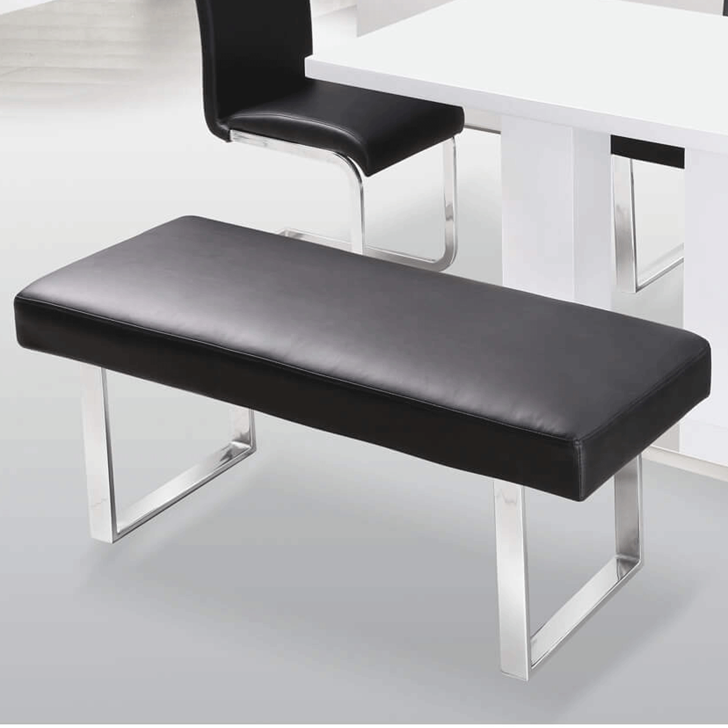 Modern Dining Comfort Guildford Leather Effect and Chrome Straight Dining Bench - Black - Sigrid Mills