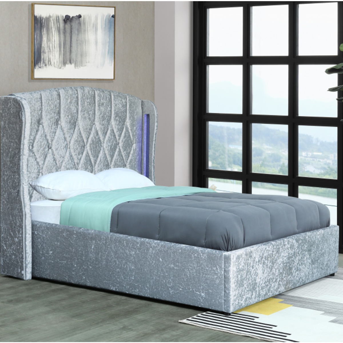 Stockport Ottoman Storage Crush Silver Velvet Bed Frame with LED - 4ft6 Double size - Wimex Distribution