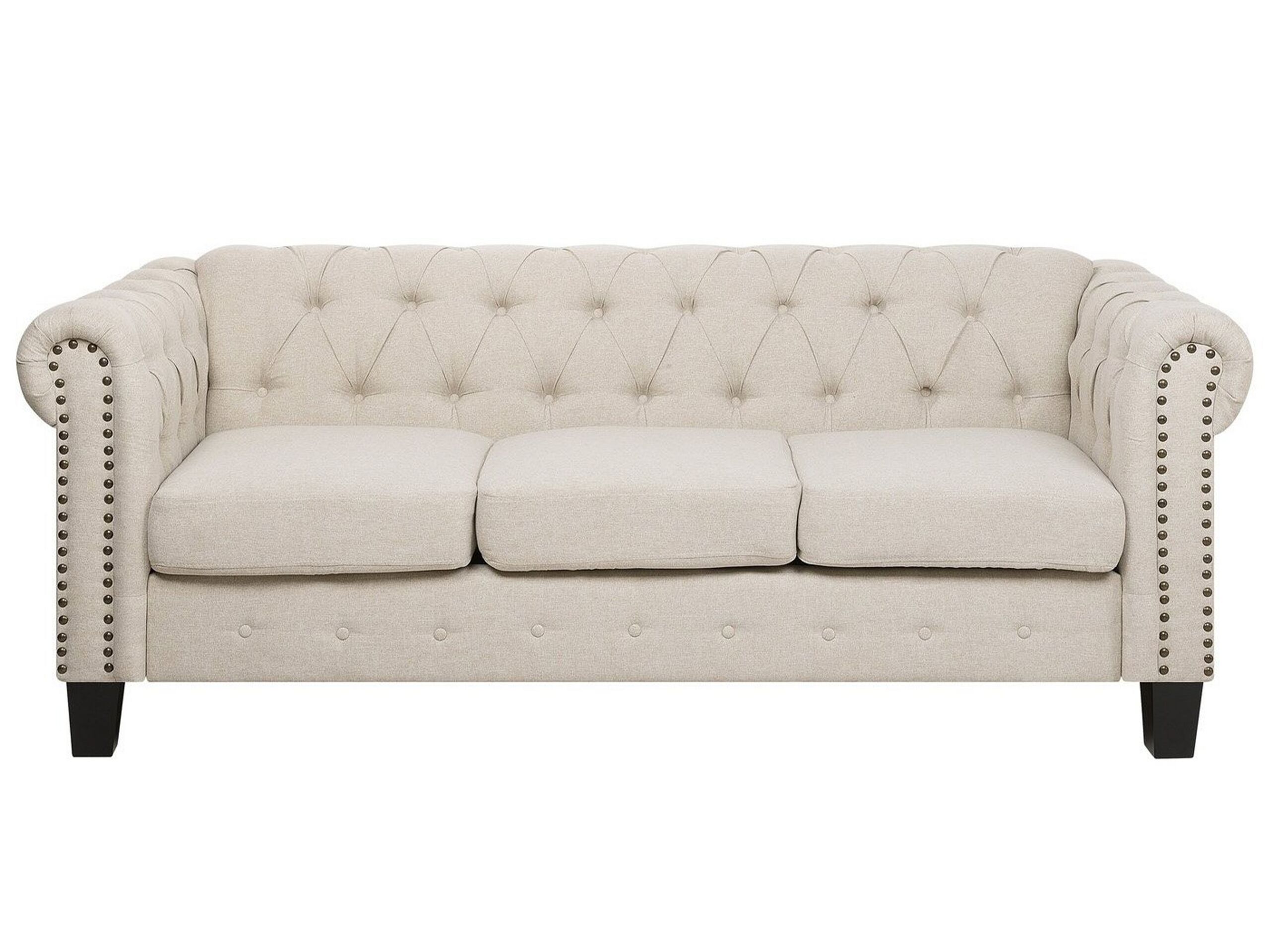3 Seater Fabric Sofa Nailhead Trim Beige CHESTERFIELD - Gemini Interiors