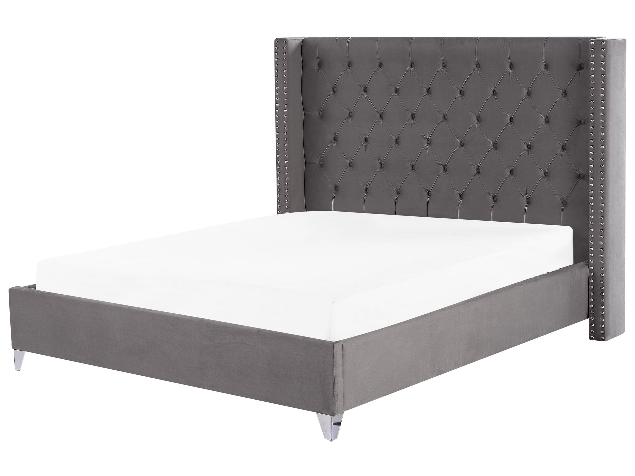 Slatted Bed Frame Grey Velvet Upholstered Tufted Headrest Nailhead Trim 6ft EU Super King Size Glam Design - Gemini Interiors