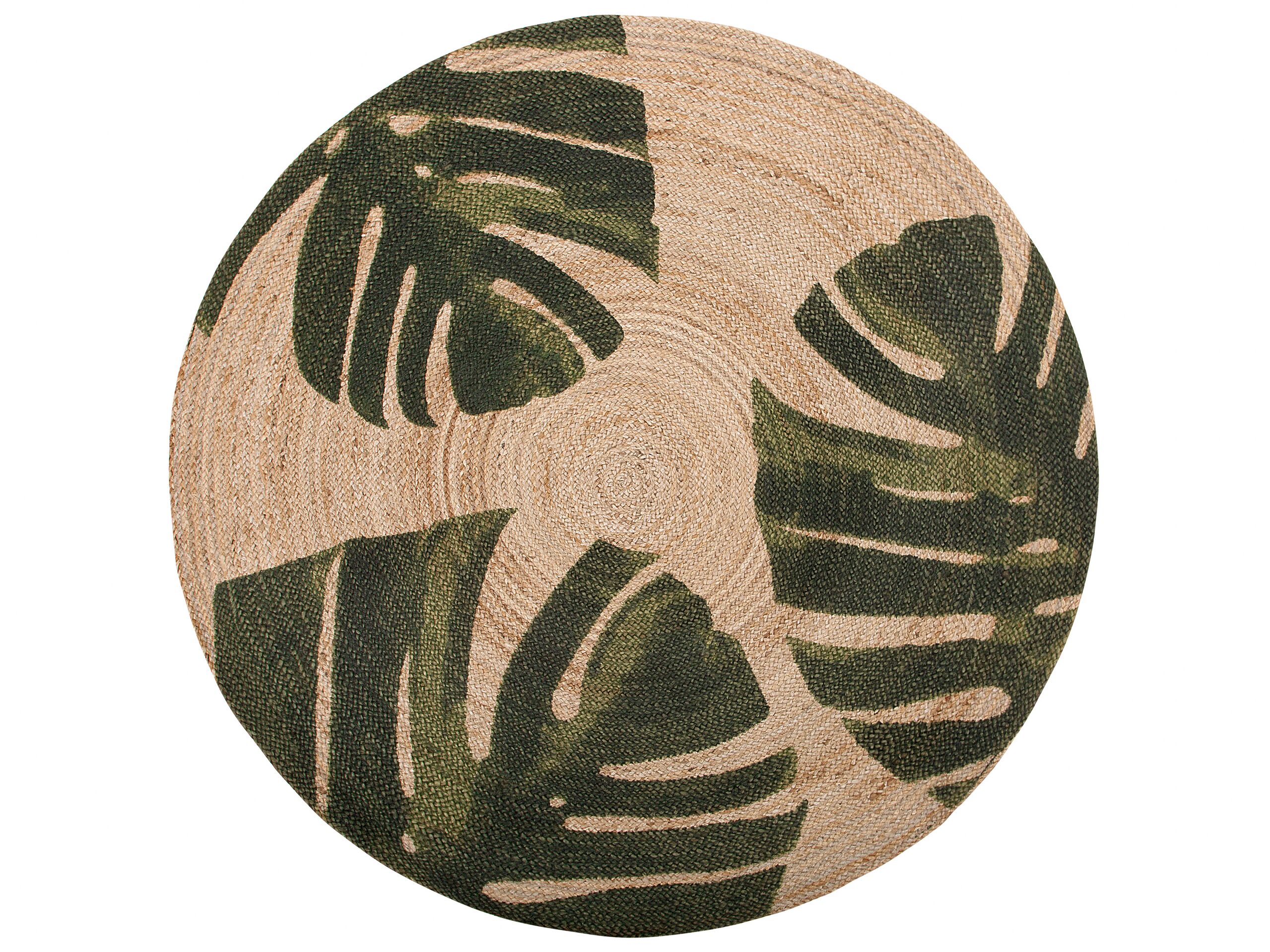 Round Area Rug Monstera Leaf Pattern 140cm Beige with Green - Gemini Interiors