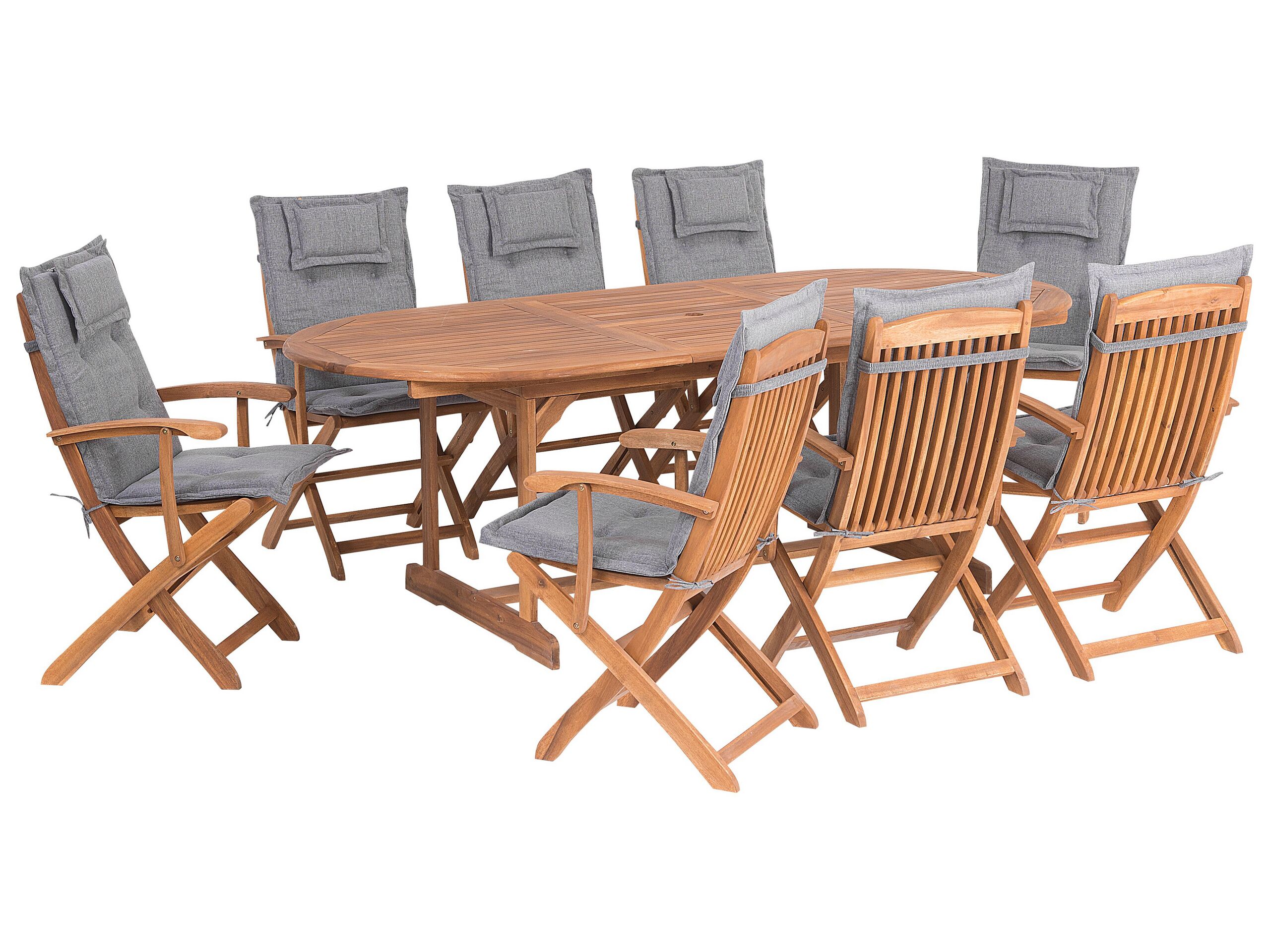 8 Seater Acacia Wood Garden Dining Set with Grey Cushions MAUI - Gemini Interiors