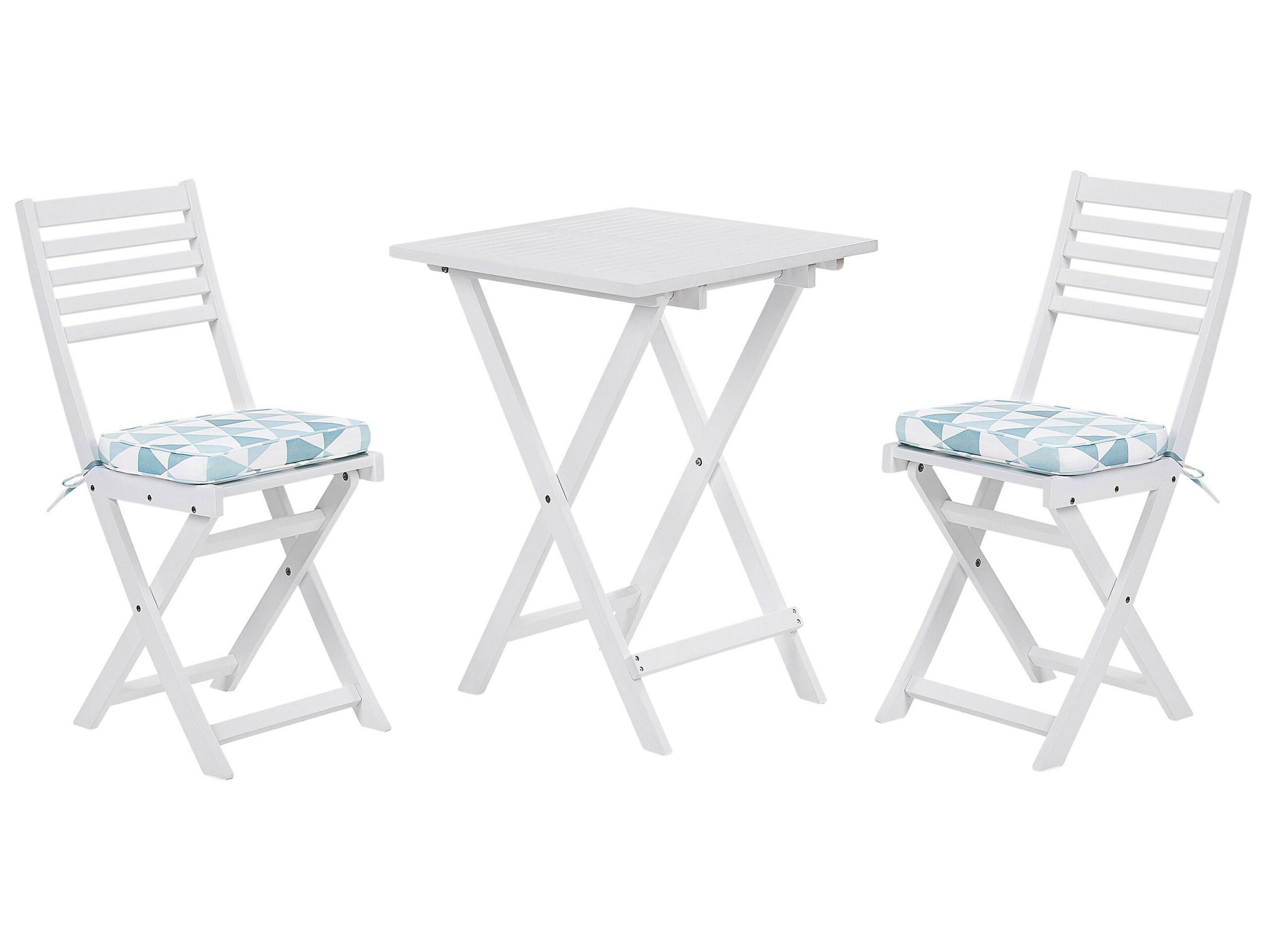 Acacia Wood Garden Bistro Set with Blue Triangles Cushions White FIJI - Gemini Interiors
