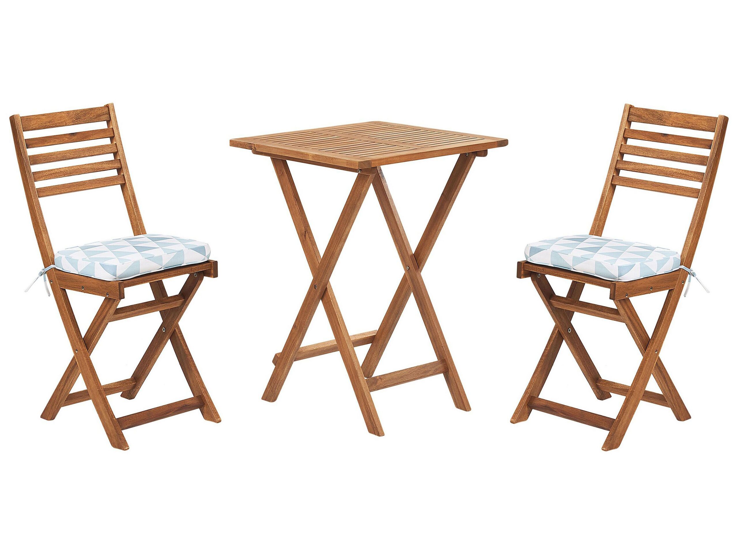 Acacia Wood Garden Bistro Set with Blue Triangles Cushions FIJI - Gemini Interiors