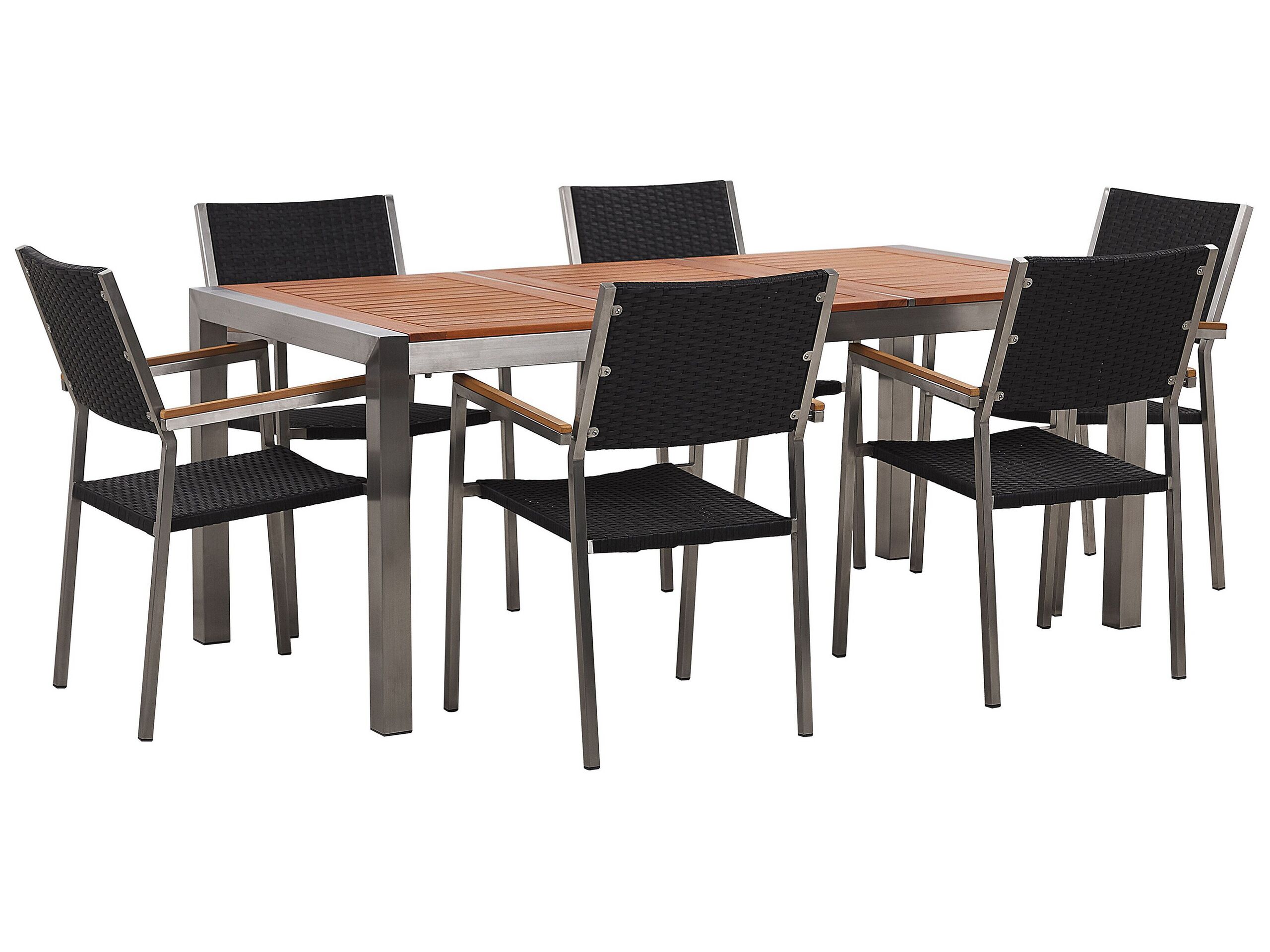 6 Seater Garden Dining Set Eucalyptus Wood Top with Black Rattan Chairs GROSSETO - Gemini Interiors