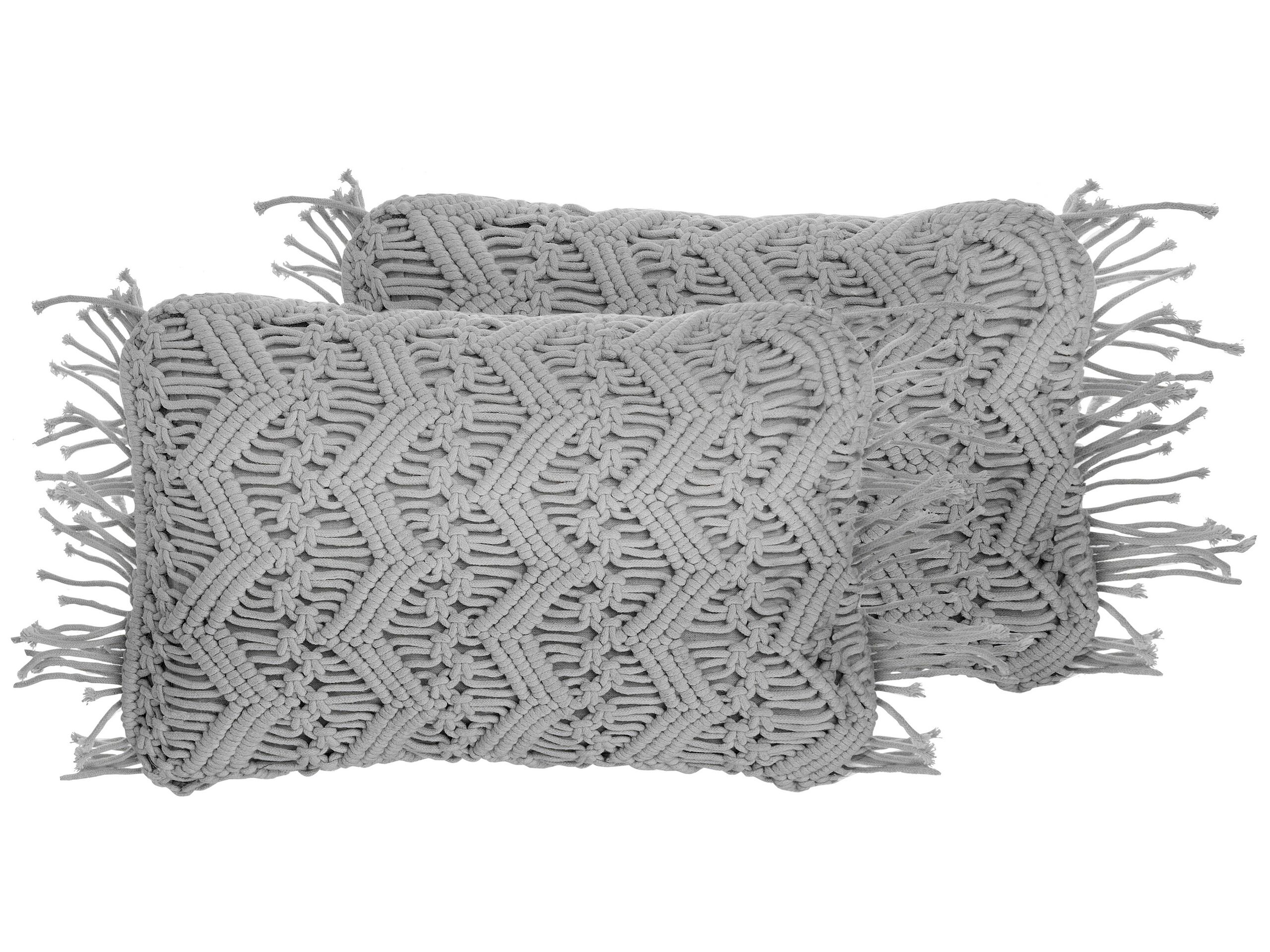Set of 2 Cotton Macramé Cushions with Tassels 30x45cm Grey - Gemini Interiors