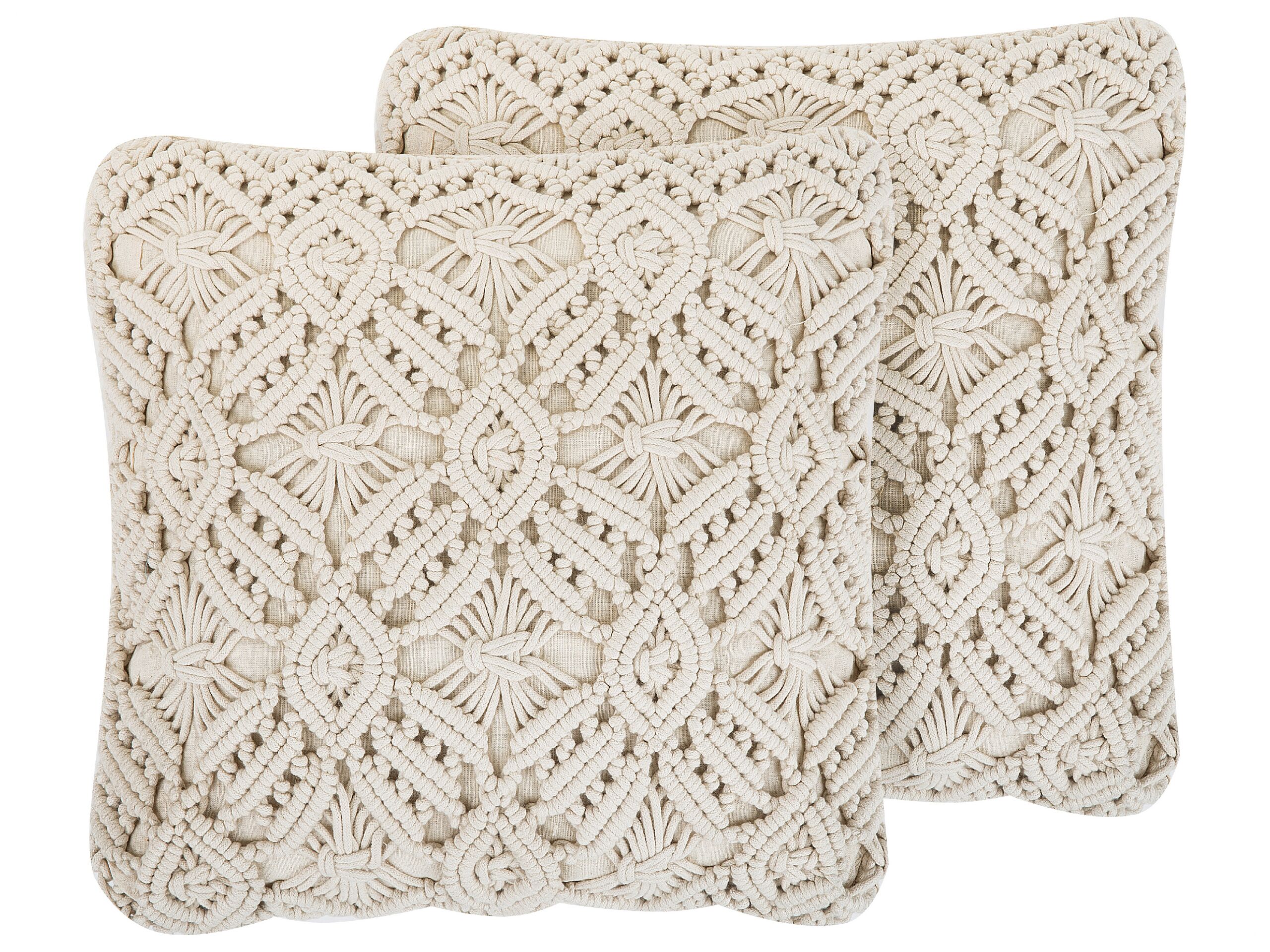 Set of 2 Cotton Macrame Cushions 45x45cm Light Beige - Gemini Interiors