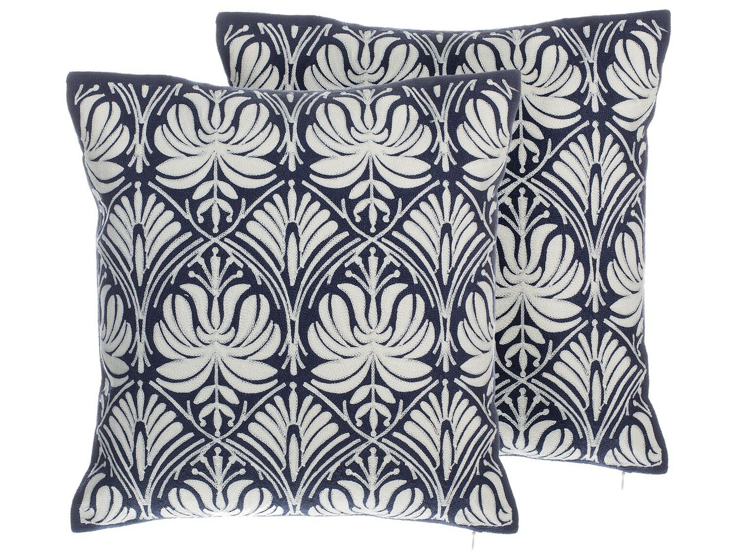 Set of 2 Cotton Cushions Damask Pattern 45x45cm White and Blue - Gemini Interiors