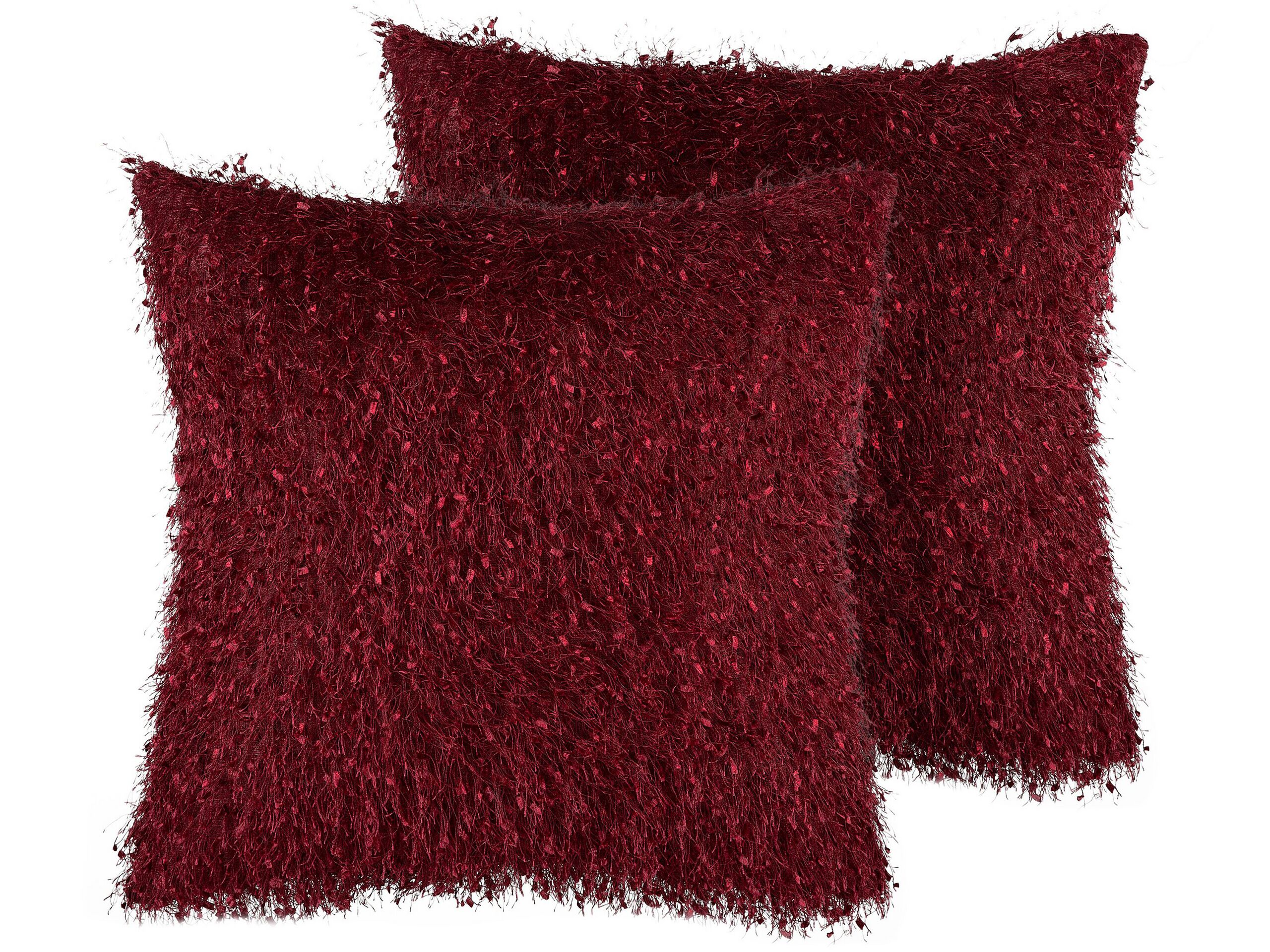 Set of 2 Shaggy Cushions 45x45cm Red - Gemini Interiors
