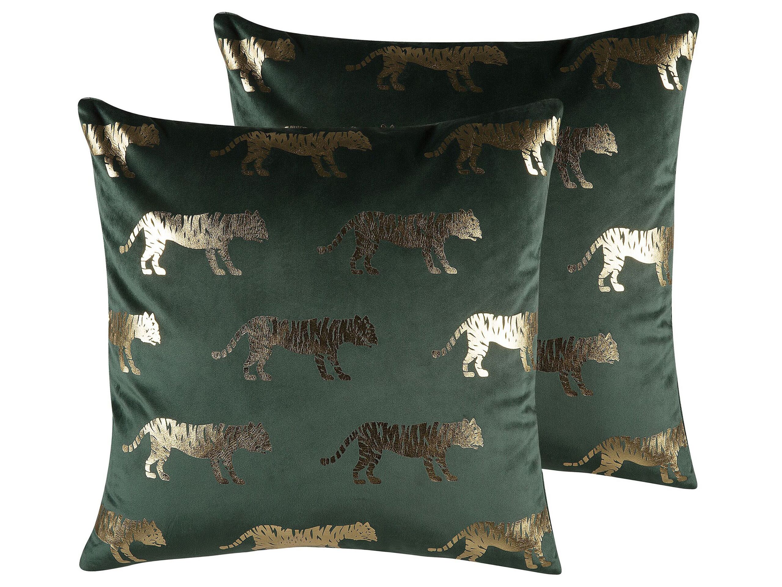 Set of 2 Velvet Cushions Tiger Motif 45x45cm Green - Gemini Interiors