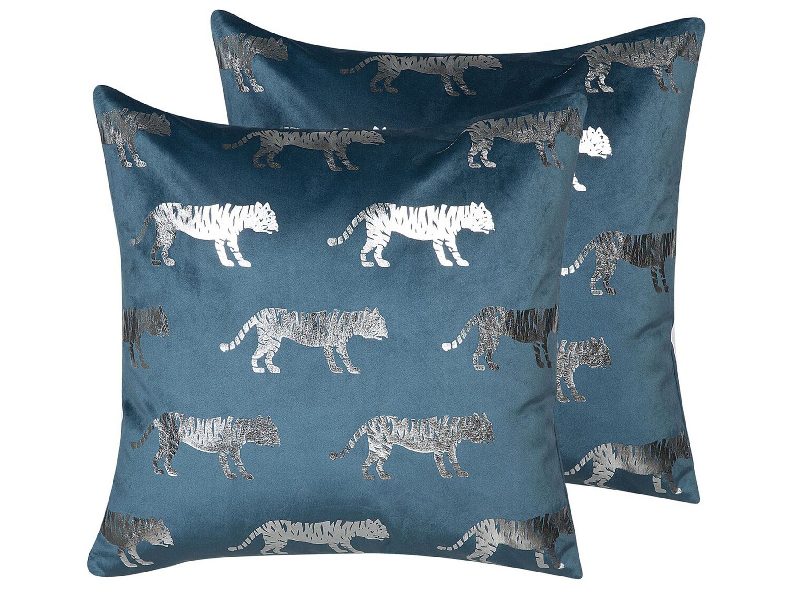 Set of 2 Velvet Cushions Tiger Motif 45x45cm Blue - Gemini Interiors