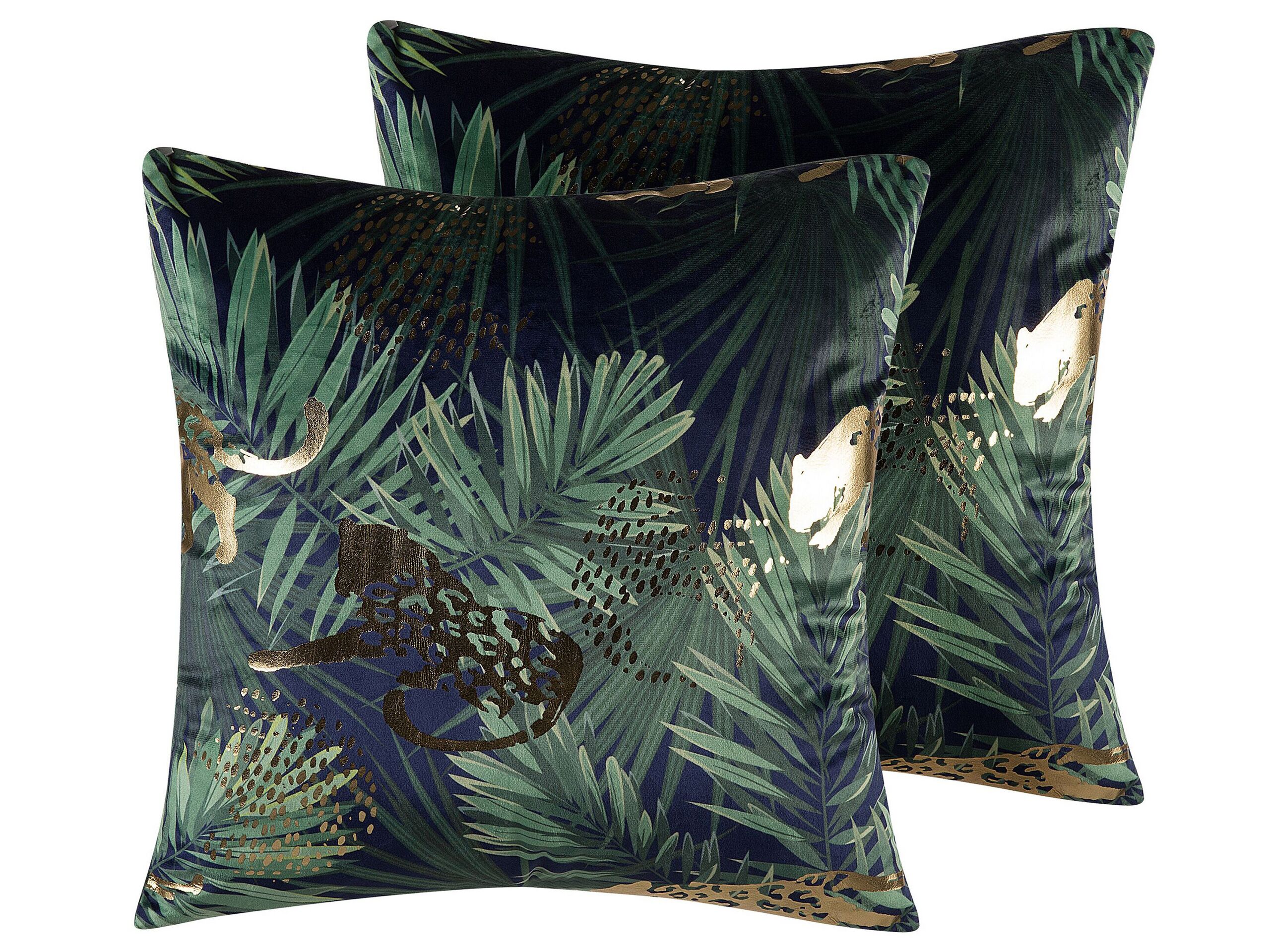 Set of 2 Velvet Cushions Leaf Pattern 45x45cm Green - Gemini Interiors