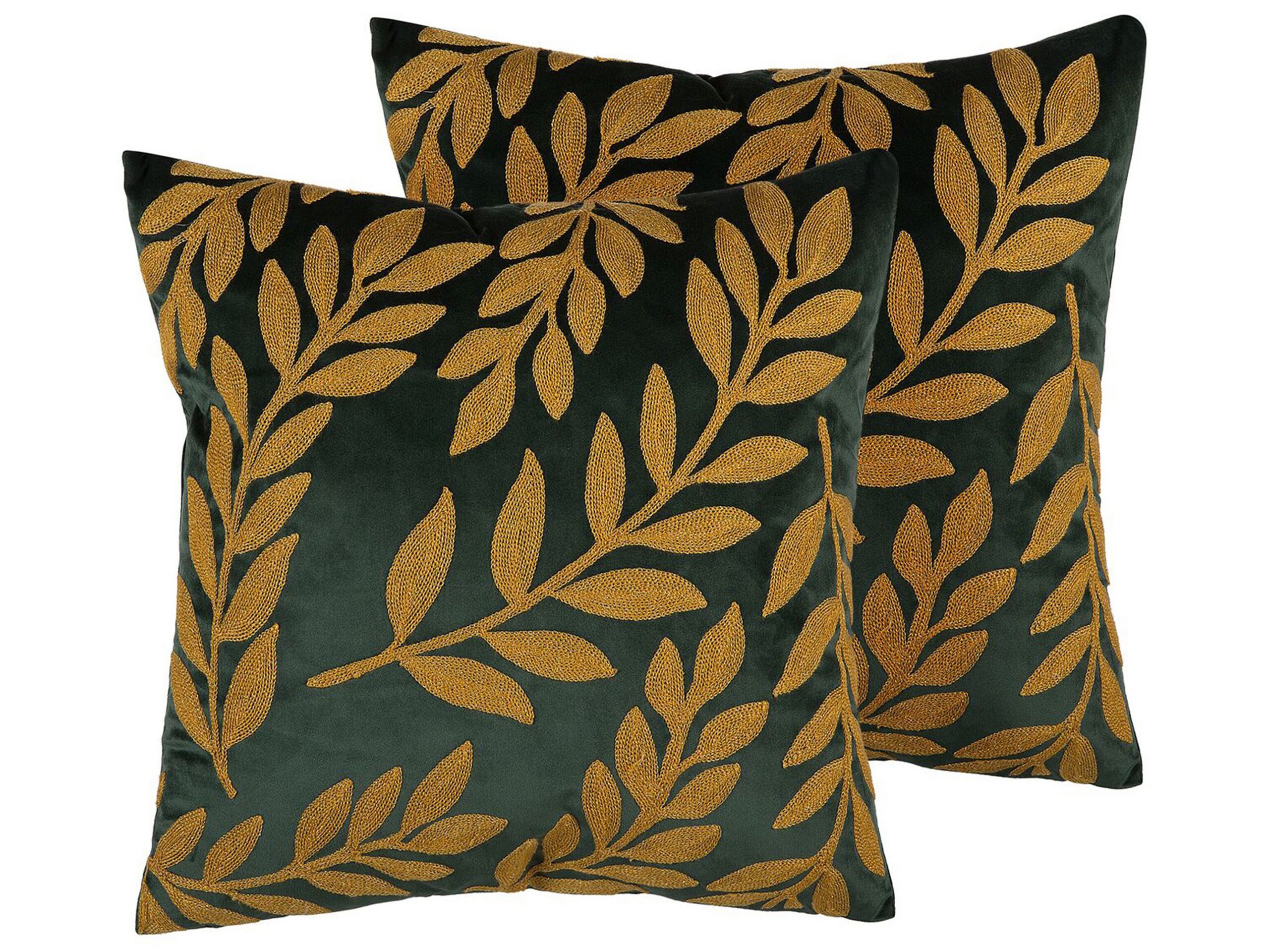 Set of 2 Velvet Cushions Leaf Pattern 45x45cm Emerald Green - Gemini Interiors