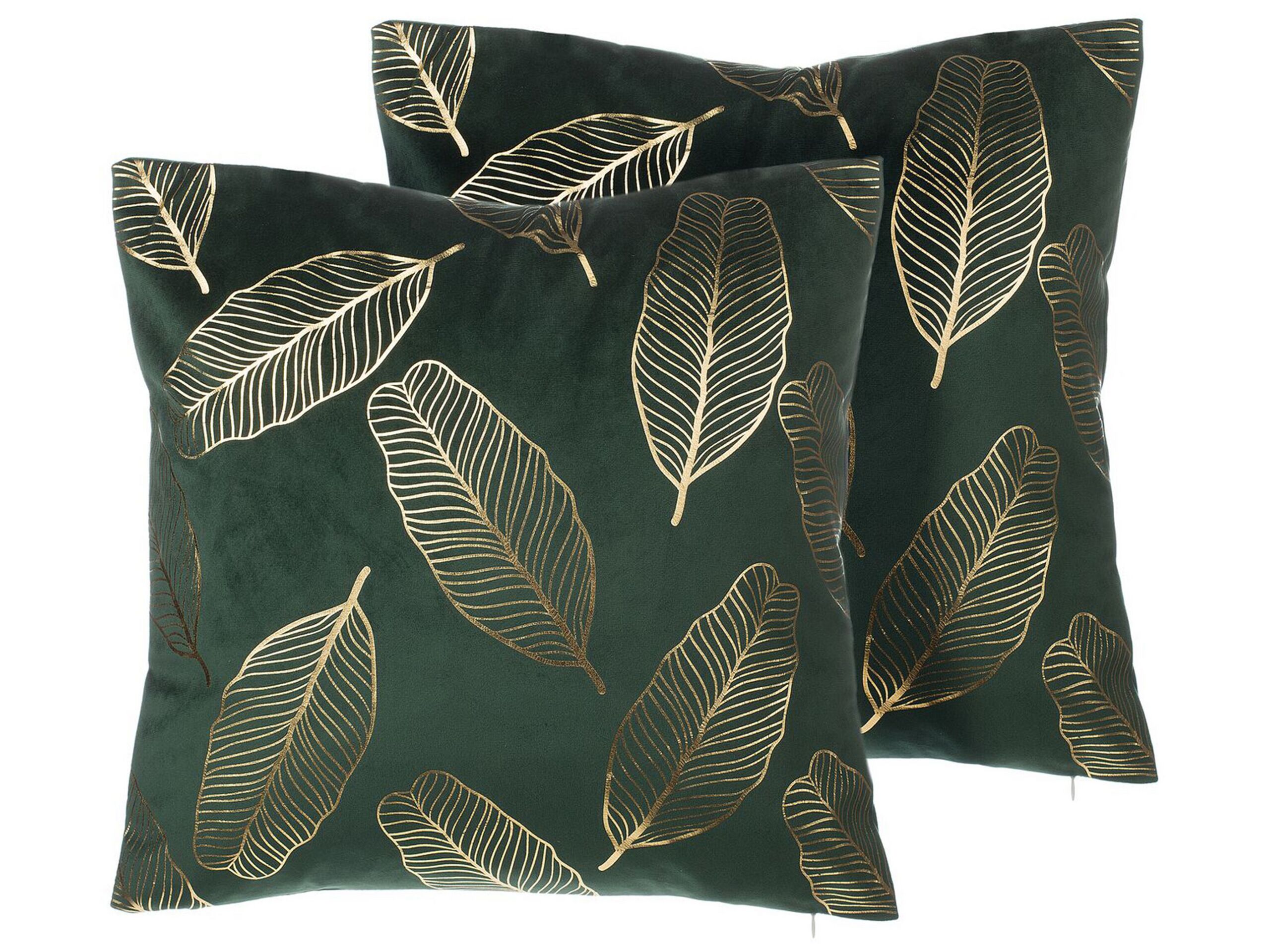 Set of 2 Velvet Cushions Leaf Pattern 45x45cm Emerald Green - Gemini Interiors