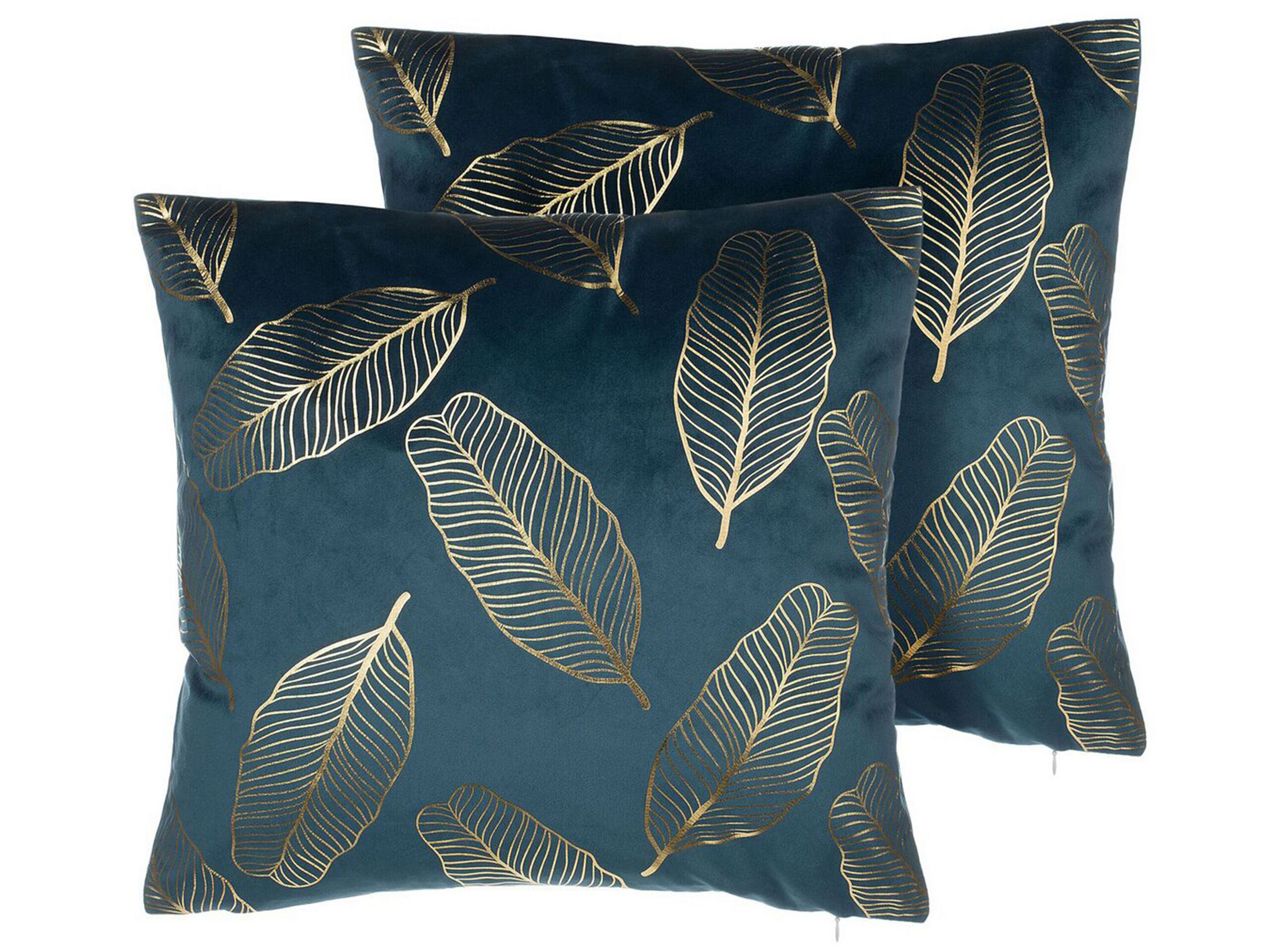 Set of 2 Velvet Cushions Leaf Pattern 45x45cm Teal Blue - Gemini Interiors