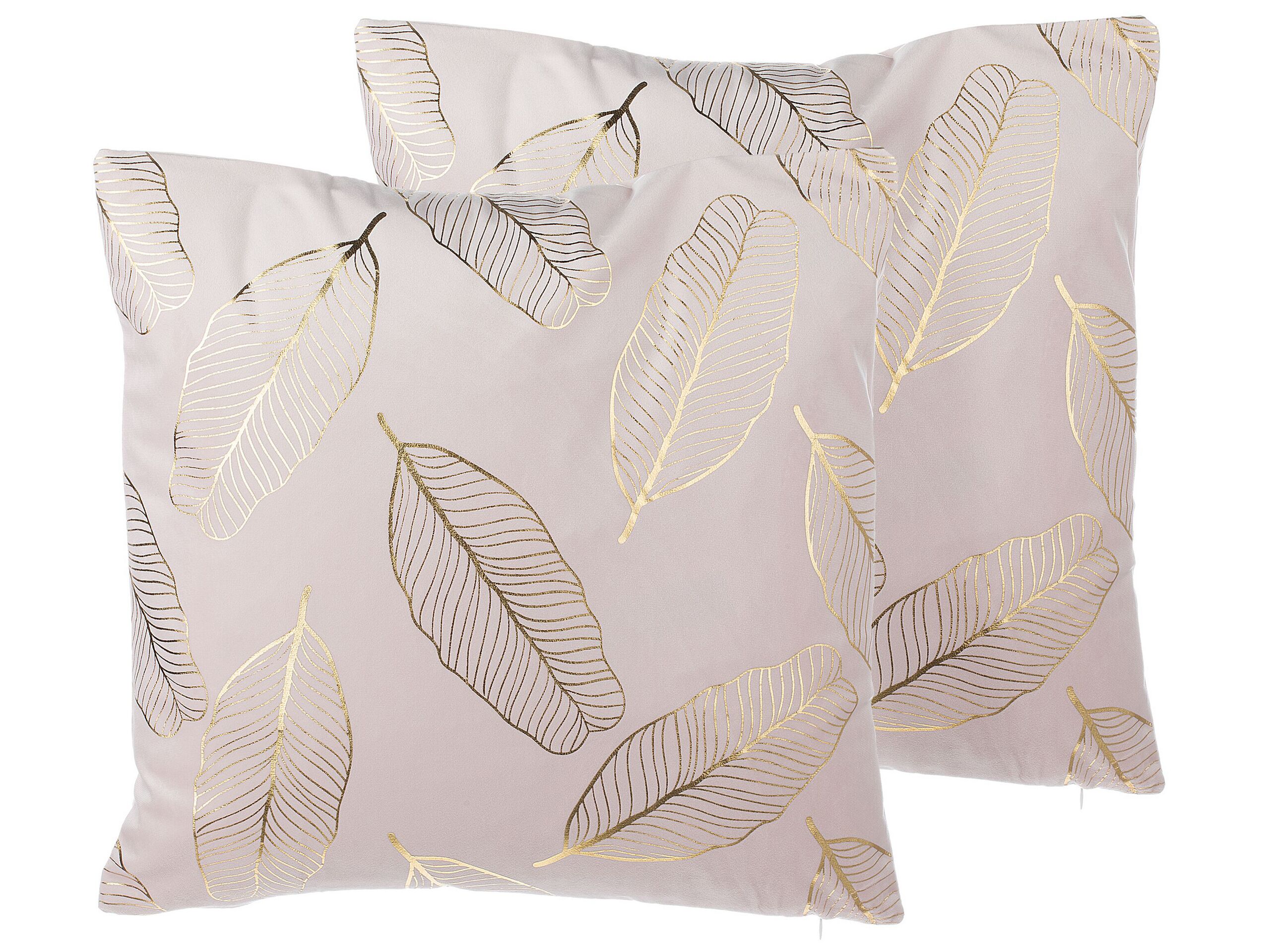 Set of 2 Velvet Cushions Leaf Pattern 45x45cm Pink - Gemini Interiors