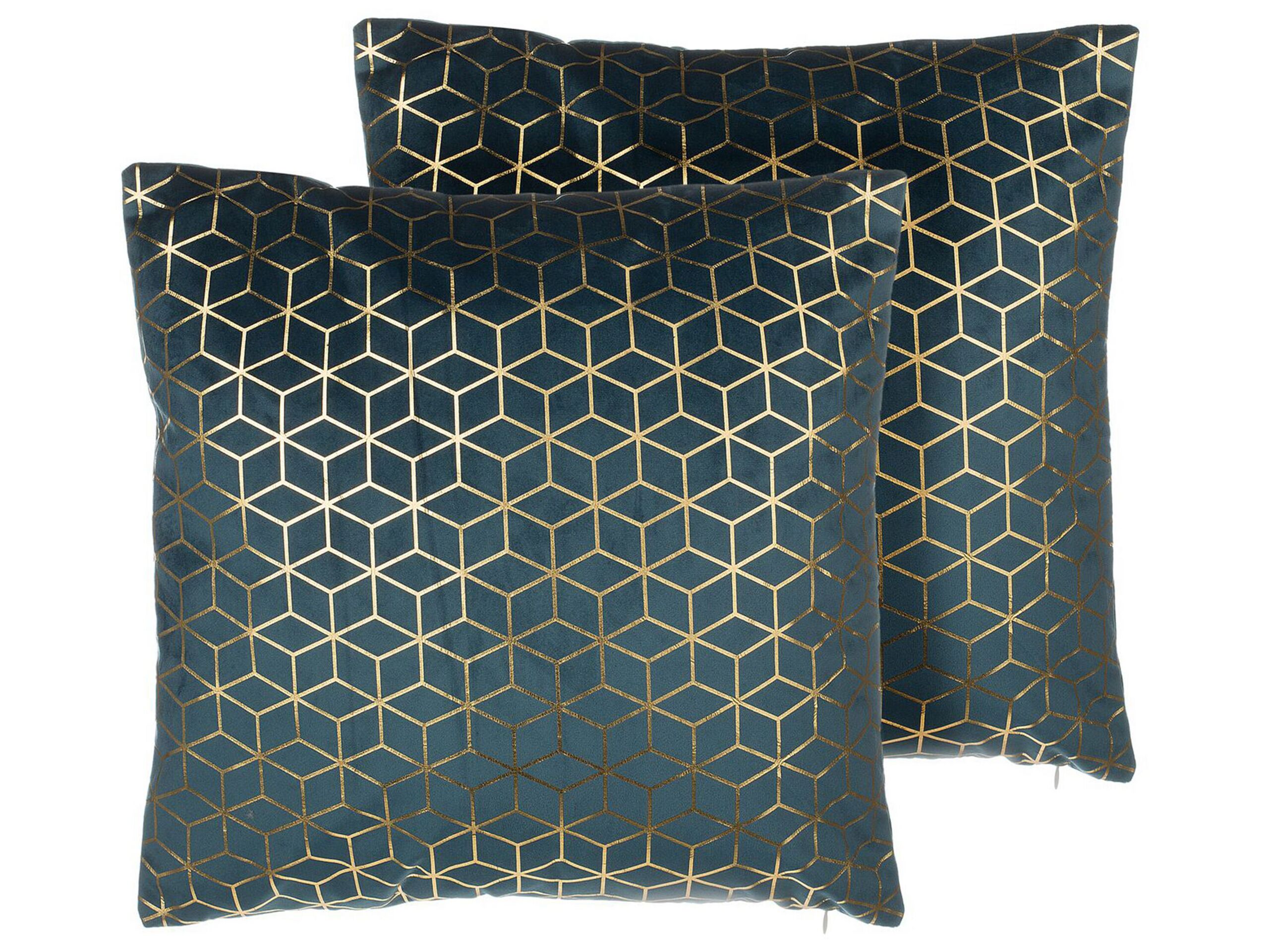 Set of 2 Velvet Cushions Geometric Pattern 45x45cm Teal Blue - Gemini Interiors