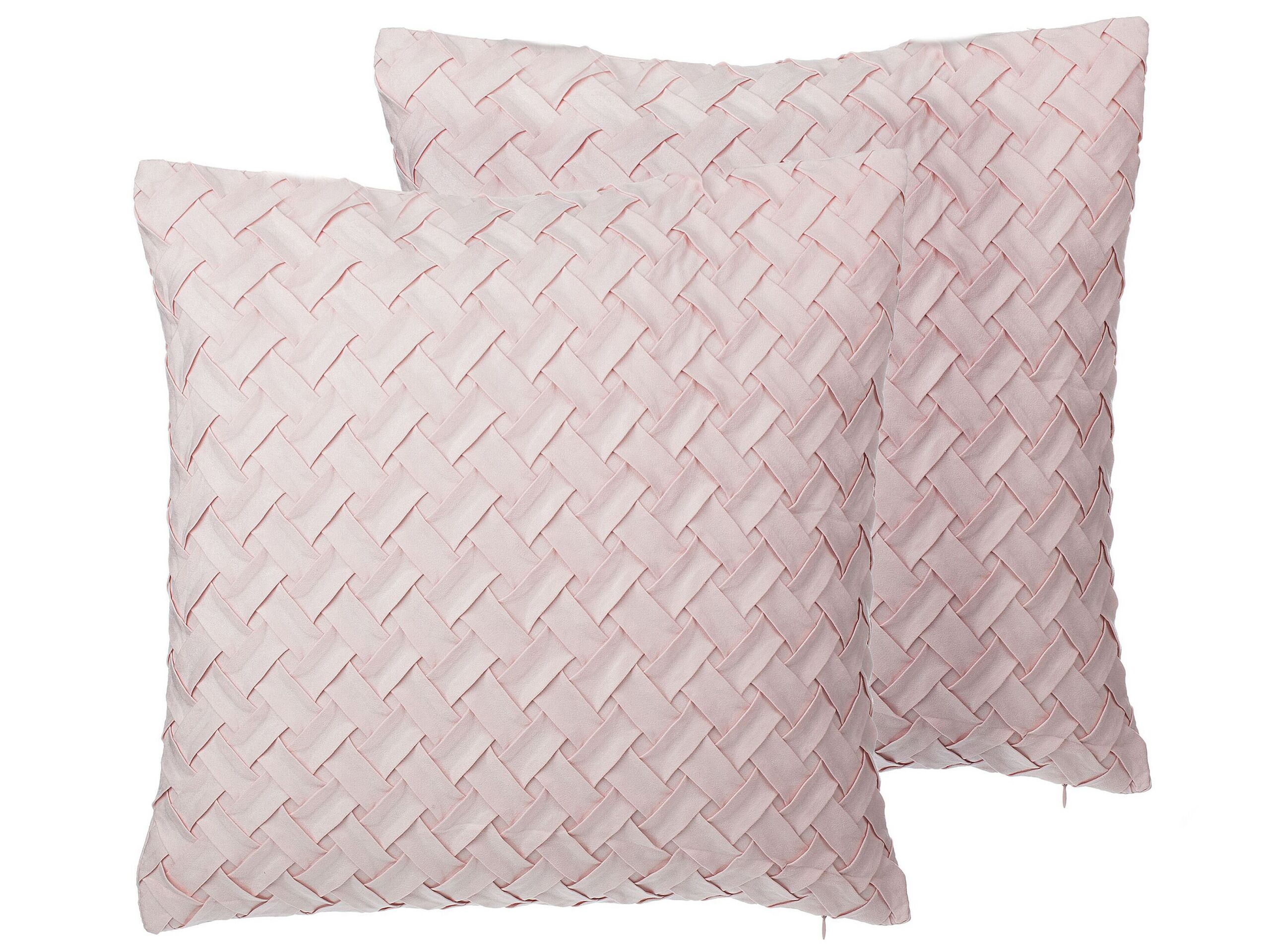 Set of 2 Faux Suede Cushions Lattice Weave 45x45cm Pink - Gemini Interiors