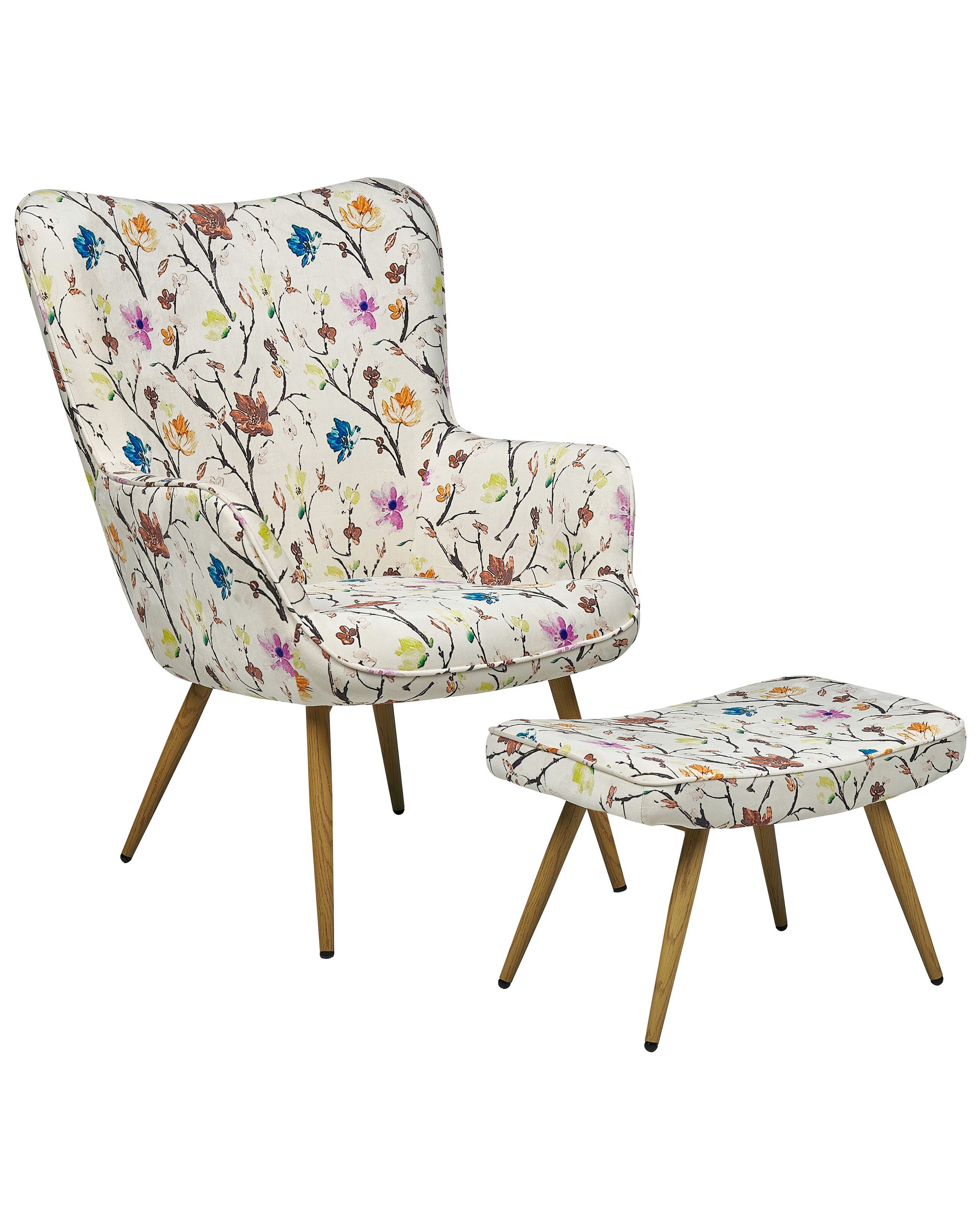 Wingback Chair with Footstool Floral Pattern Cream VEJLE II - Gemini Interiors