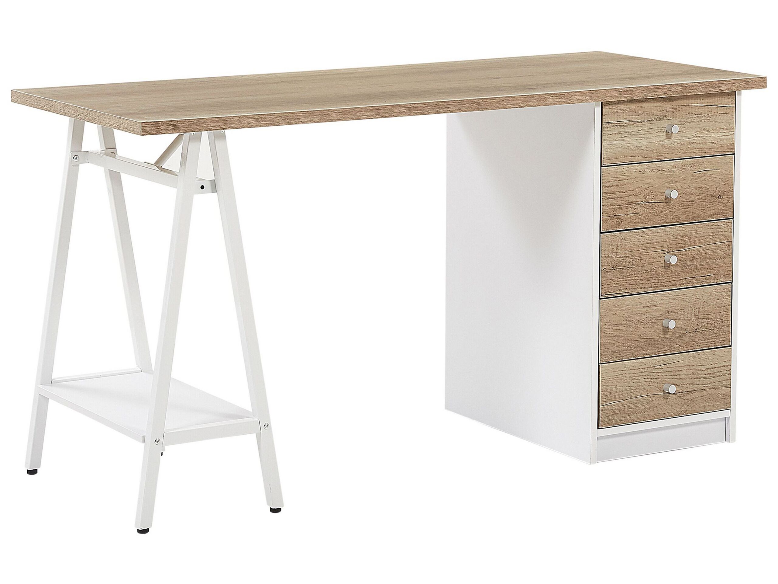 5 Drawer Home Office Desk with Shelf 140 x 60 cm Light Wood HEBER - Gemini Interiors