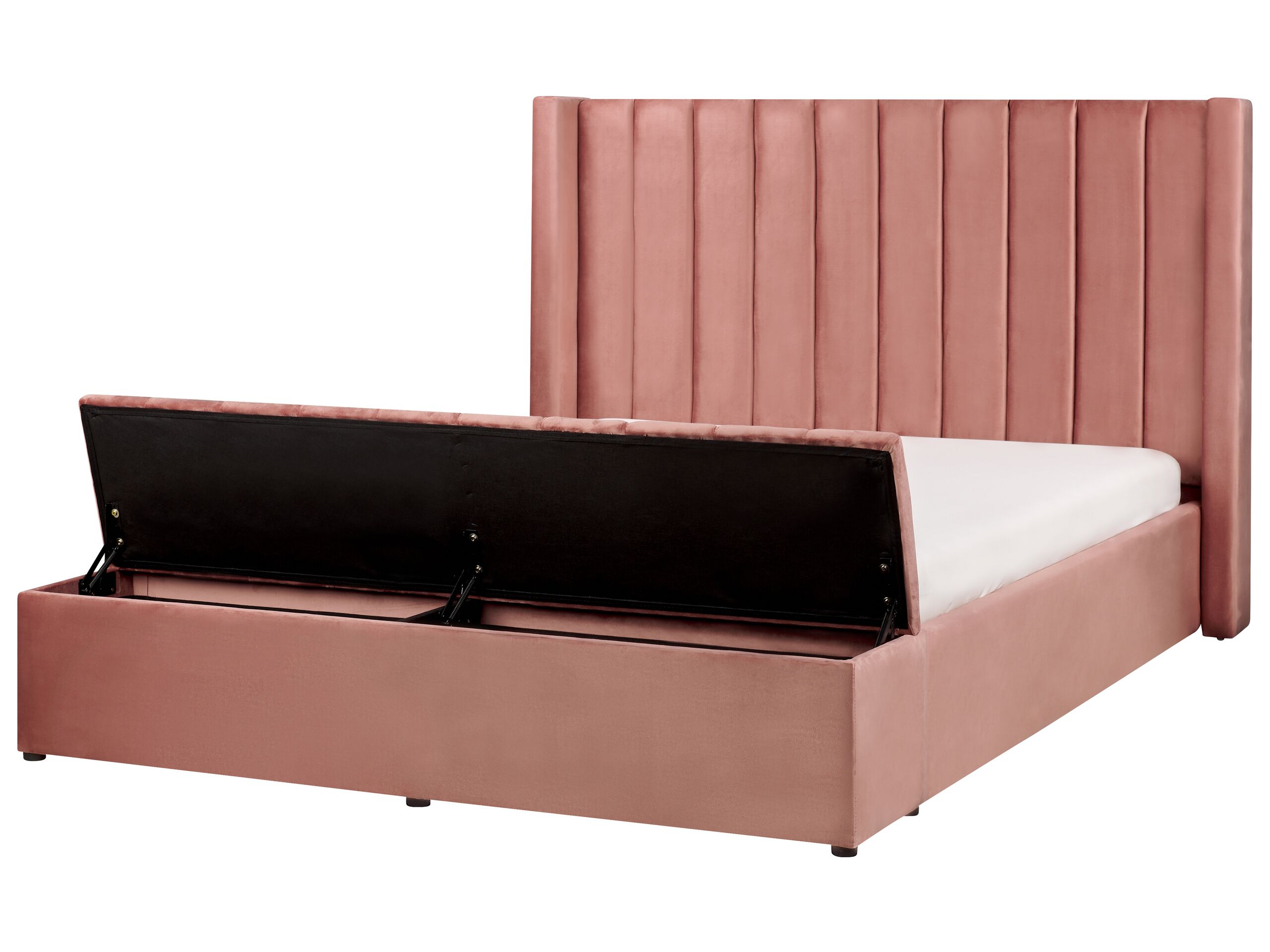 EU King Size Panel Bed Pink Velvet 5ft3 Slatted Base High Headrest with Storage Bench - Gemini Interiors