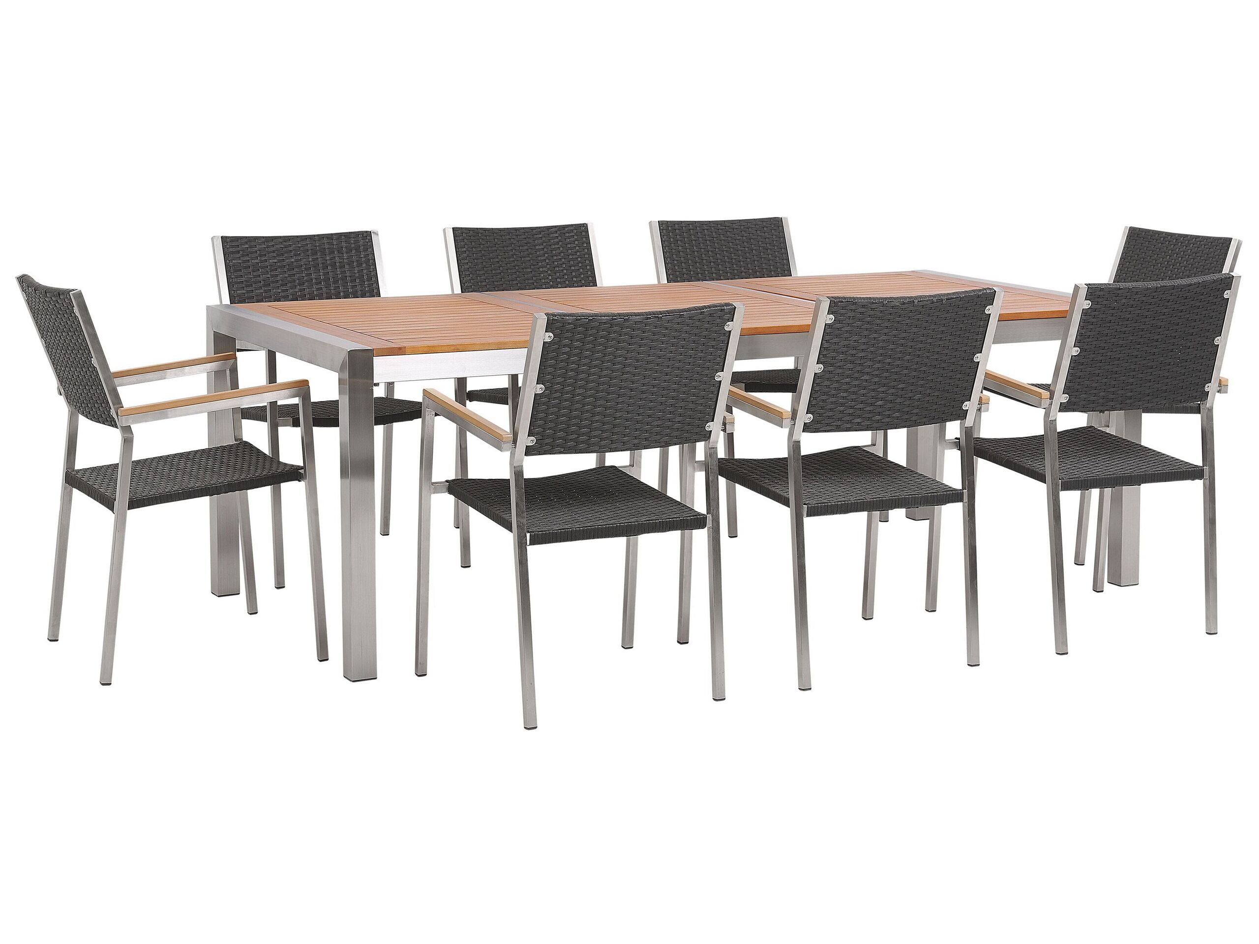 8 Seater Garden Dining Set Eucalyptus Wood Top with Black Rattan Chairs GROSSETO - Gemini Interiors