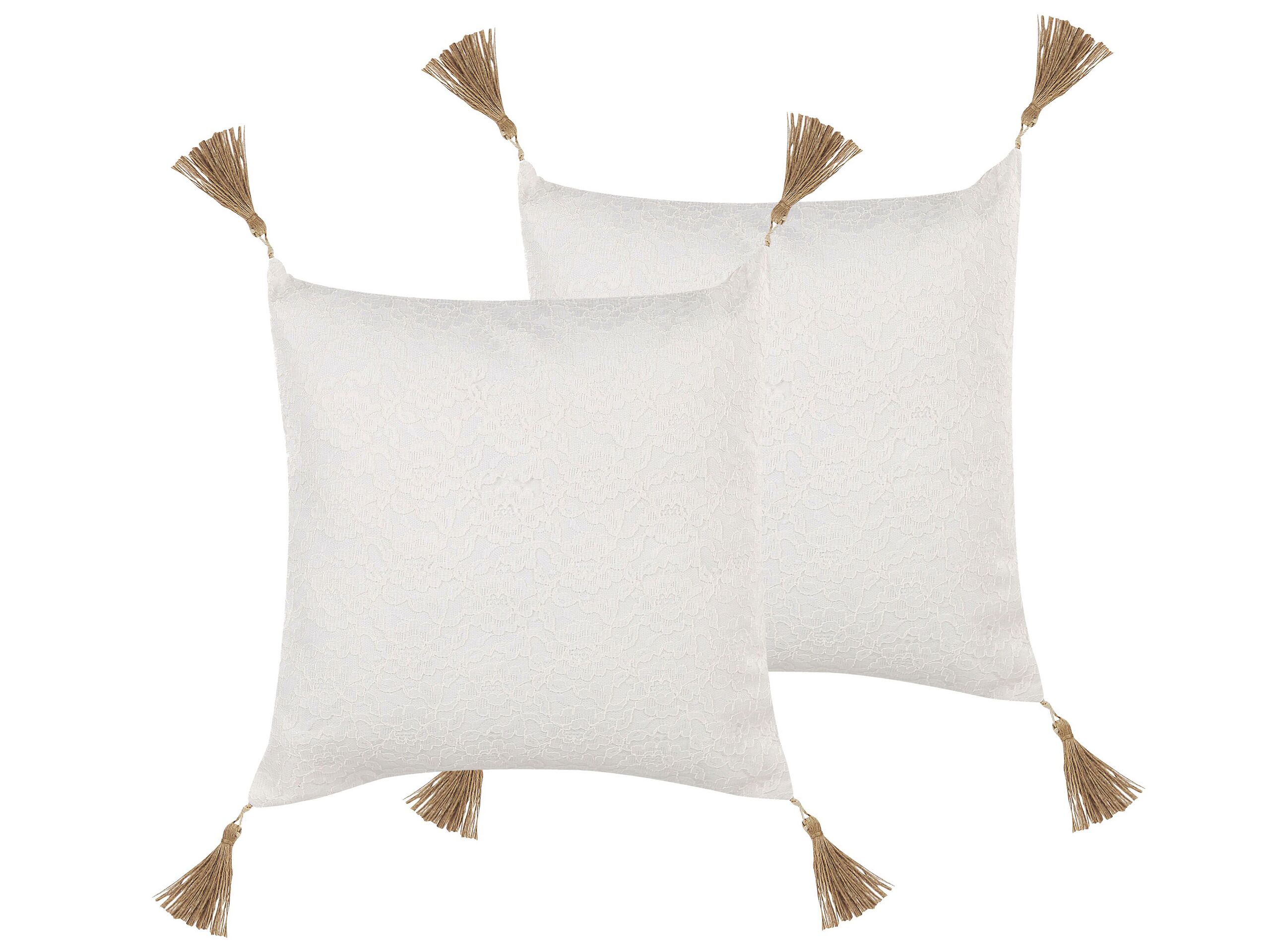 Set of 2 Embossed Cushions with Tassels 45x45cm White - Gemini Interiors