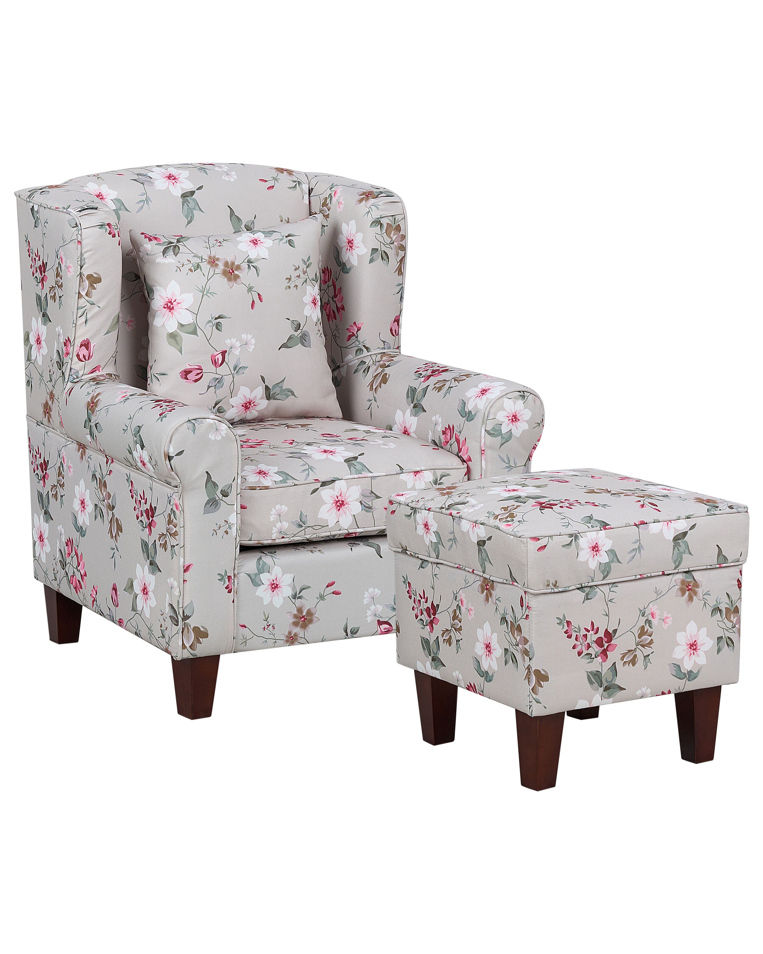 Fabric Wingback Chair with Footstool Floral Pattern Cream HAMAR - Gemini Interiors
