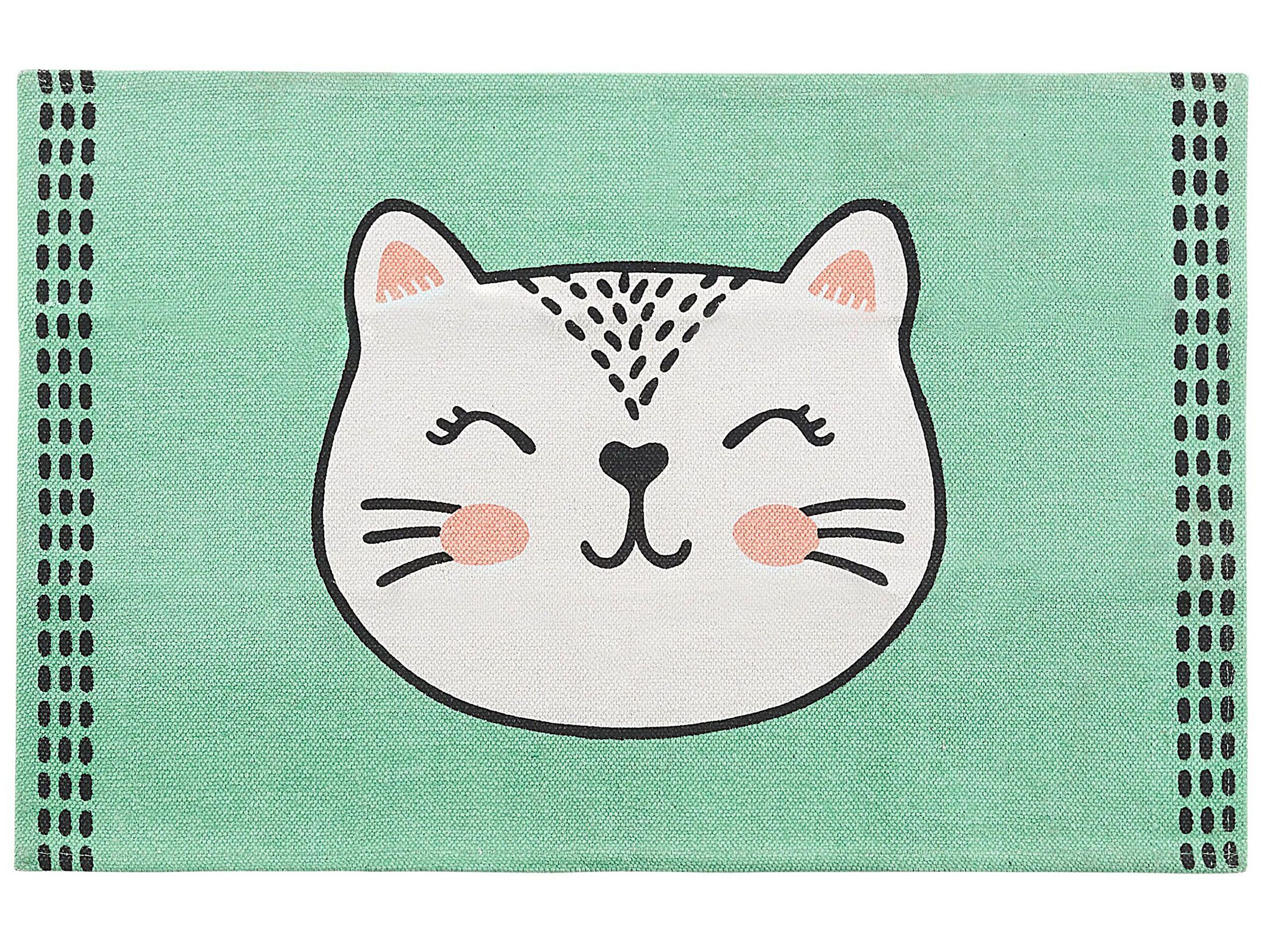 Cotton Kids Rug Cat Print 60x90cm Green - Gemini Interiors