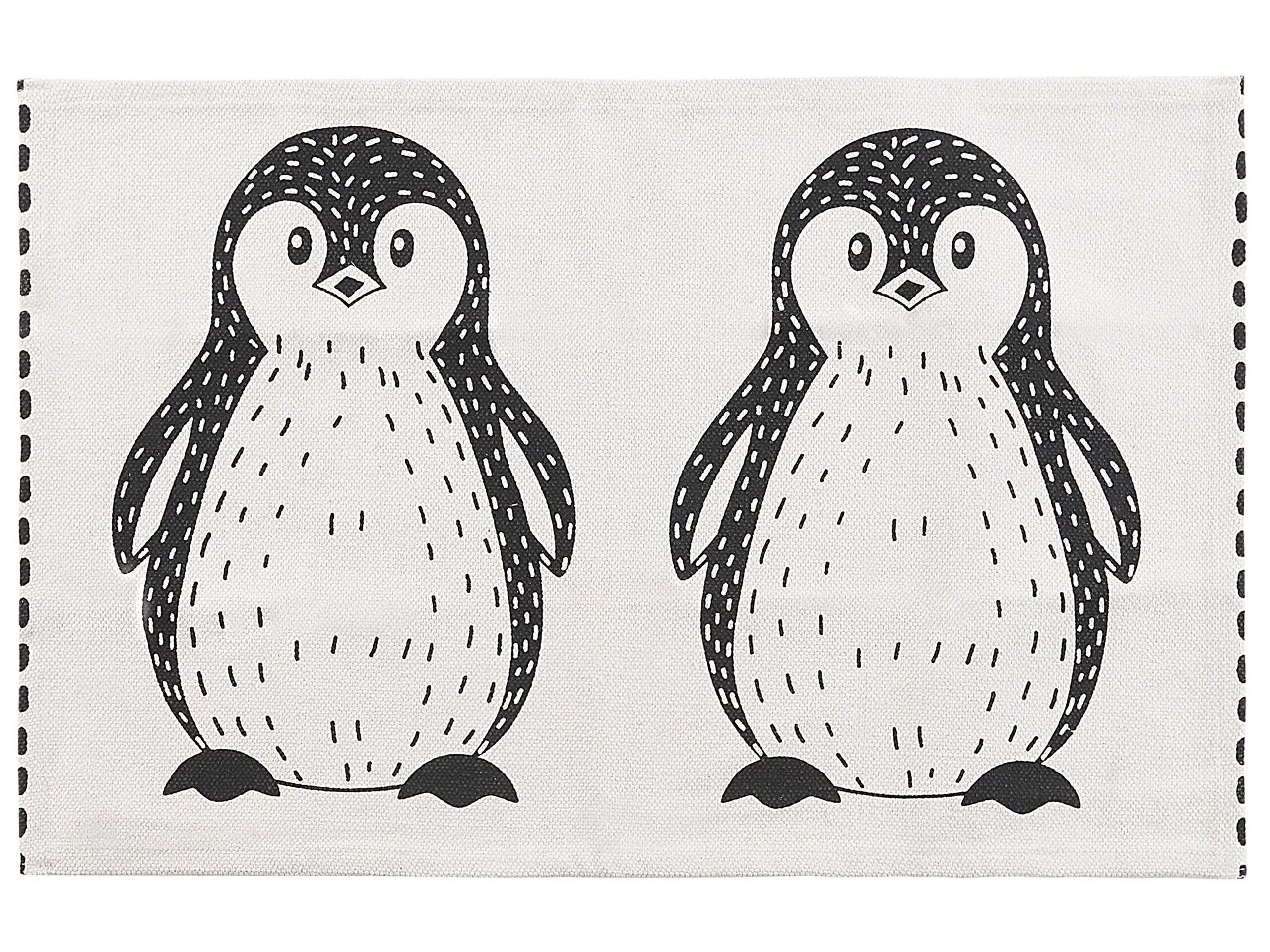Cotton Kids Rug Penguin Print 60x90cm Black and White - Gemini Interiors
