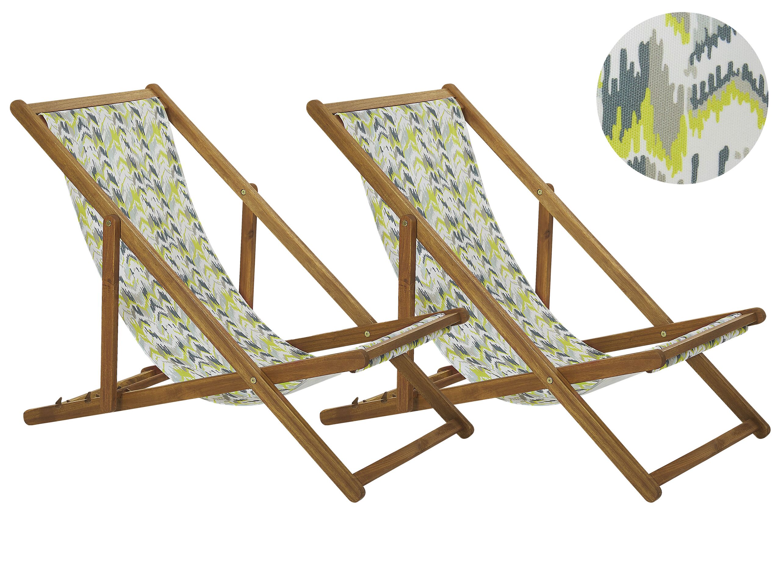 Set of 2 Acacia Folding Deck Chairs and 2 Replacement Fabrics Light Wood with Off-White / Yellow and Grey Pattern ANZIO - Gemini Interiors