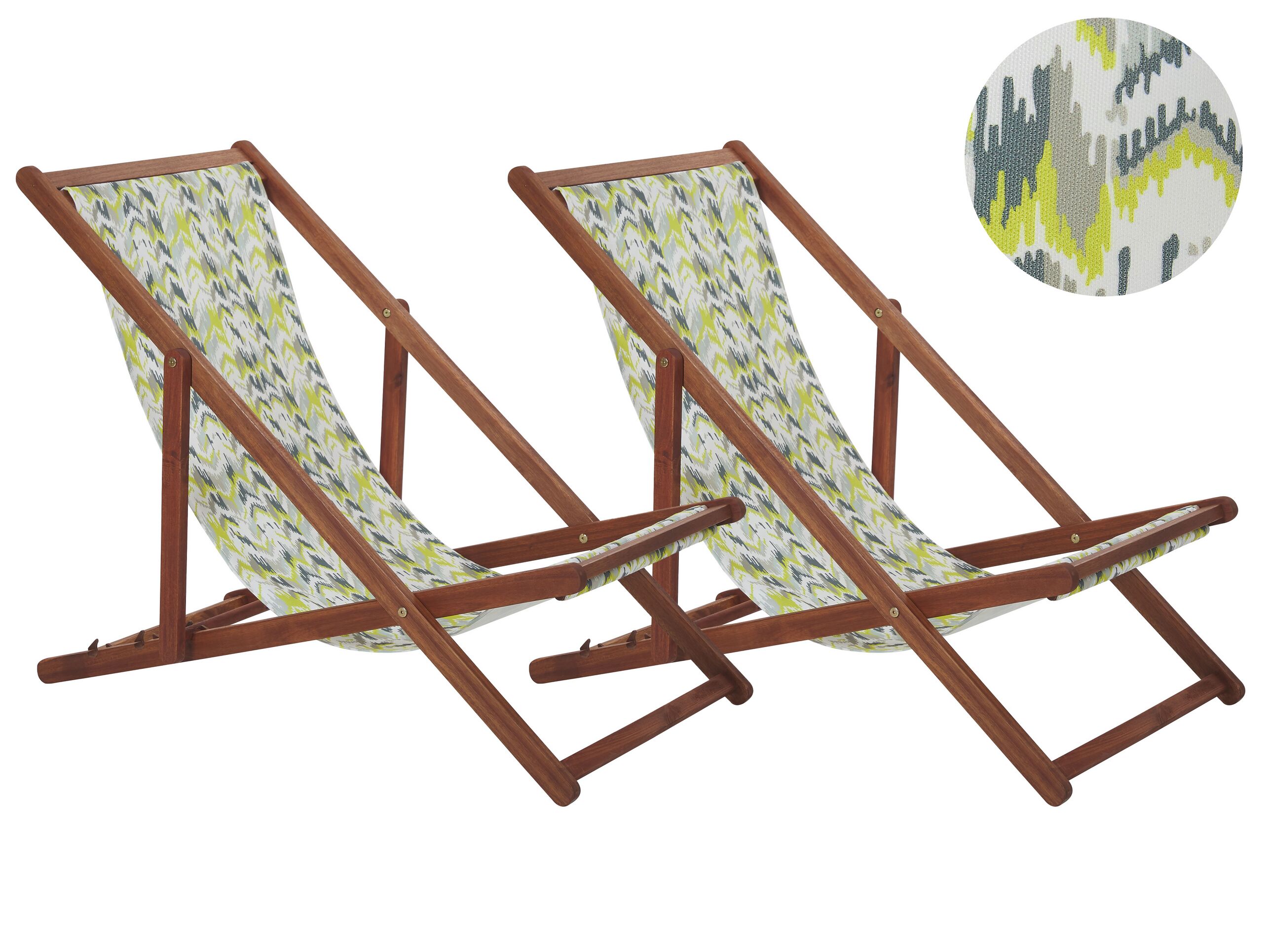 Set of 2 Acacia Folding Deck Chairs and 2 Replacement Fabrics Dark Wood with Off-White / Yellow and Grey Pattern ANZIO - Gemini Interiors
