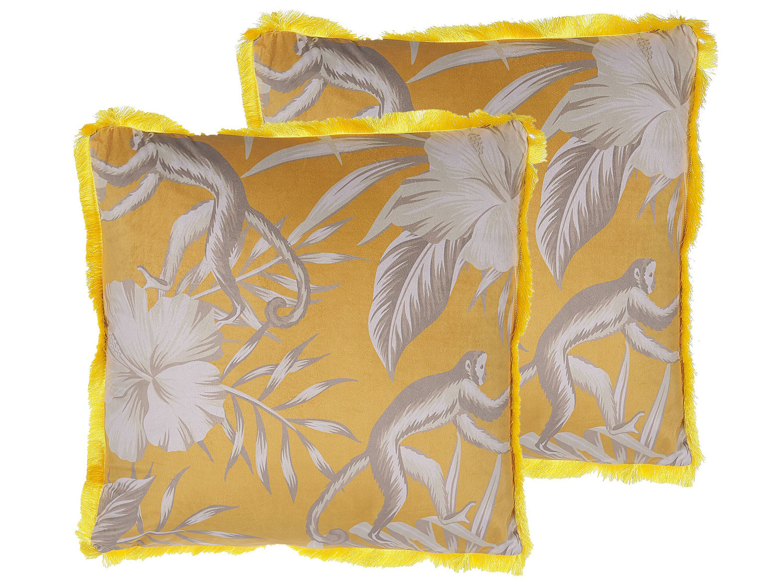 Set of 2 Fringed Cushions Monkey Print 45x45cm Yellow - Gemini Interiors