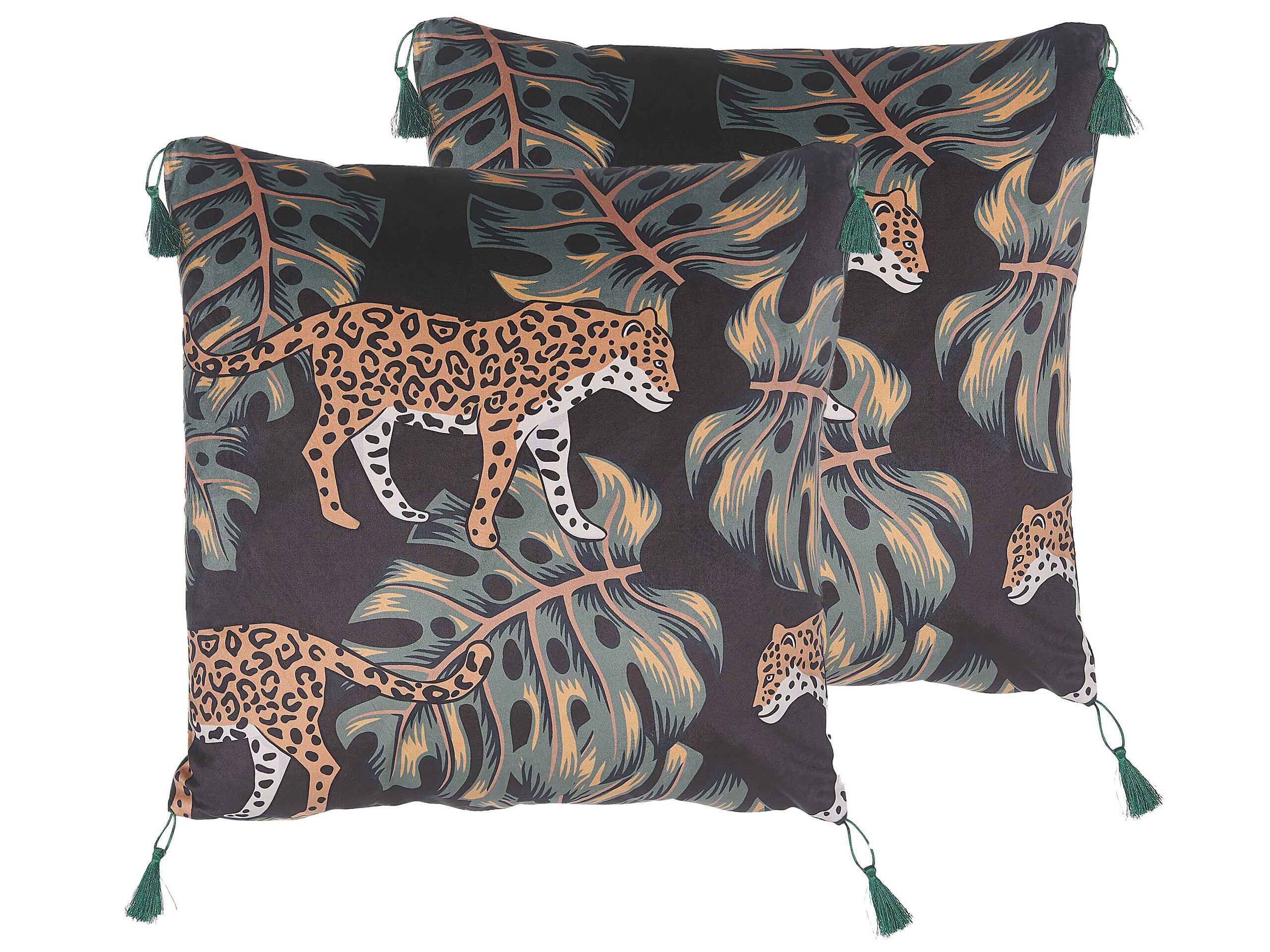 Set of 2 Cushions Leopard Motif with Tassels 45x45cm Black - Gemini Interiors