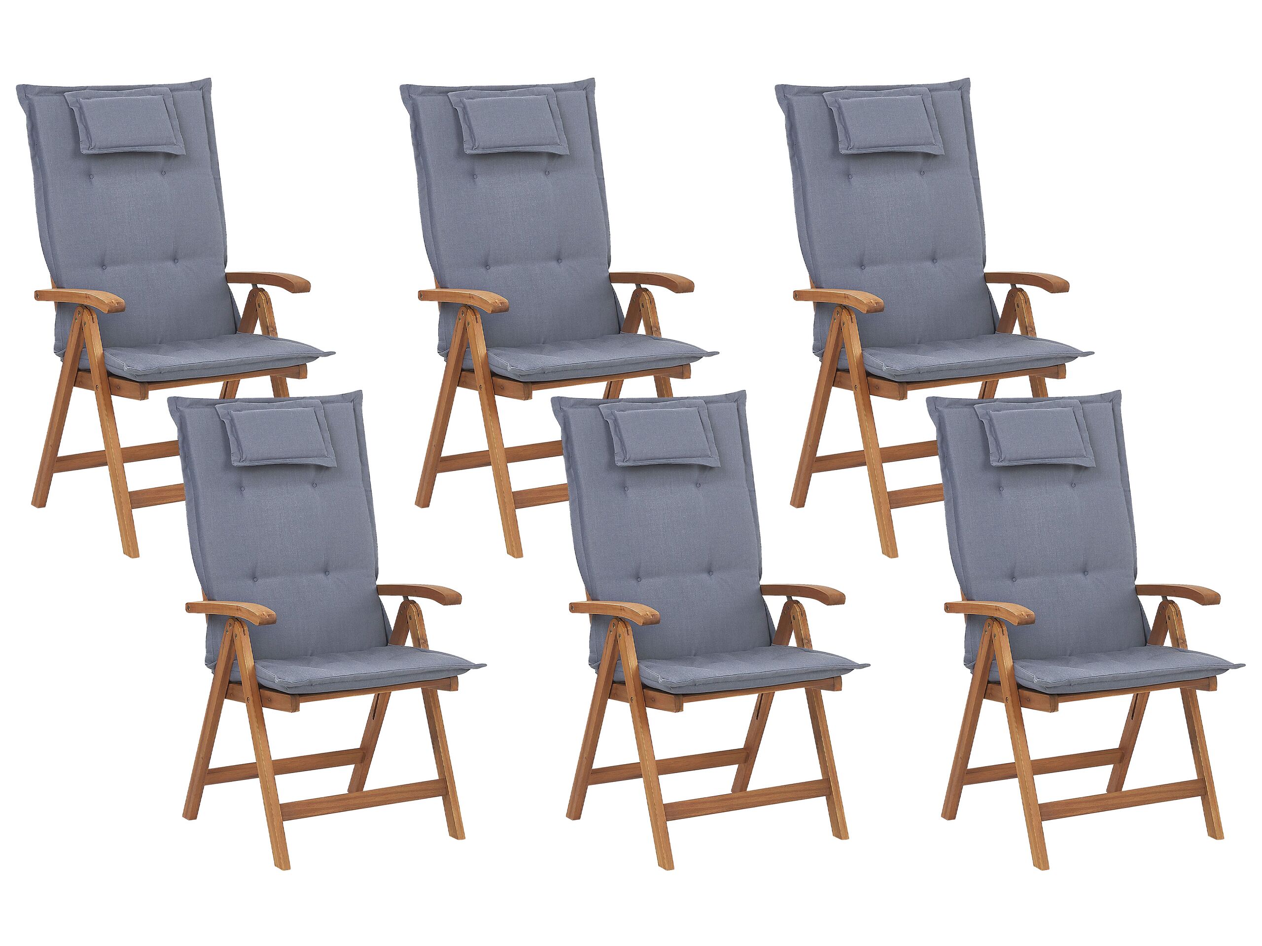 Set of 6 Acacia Wood Garden Folding Chairs with Blue Cushions JAVA - Gemini Interiors