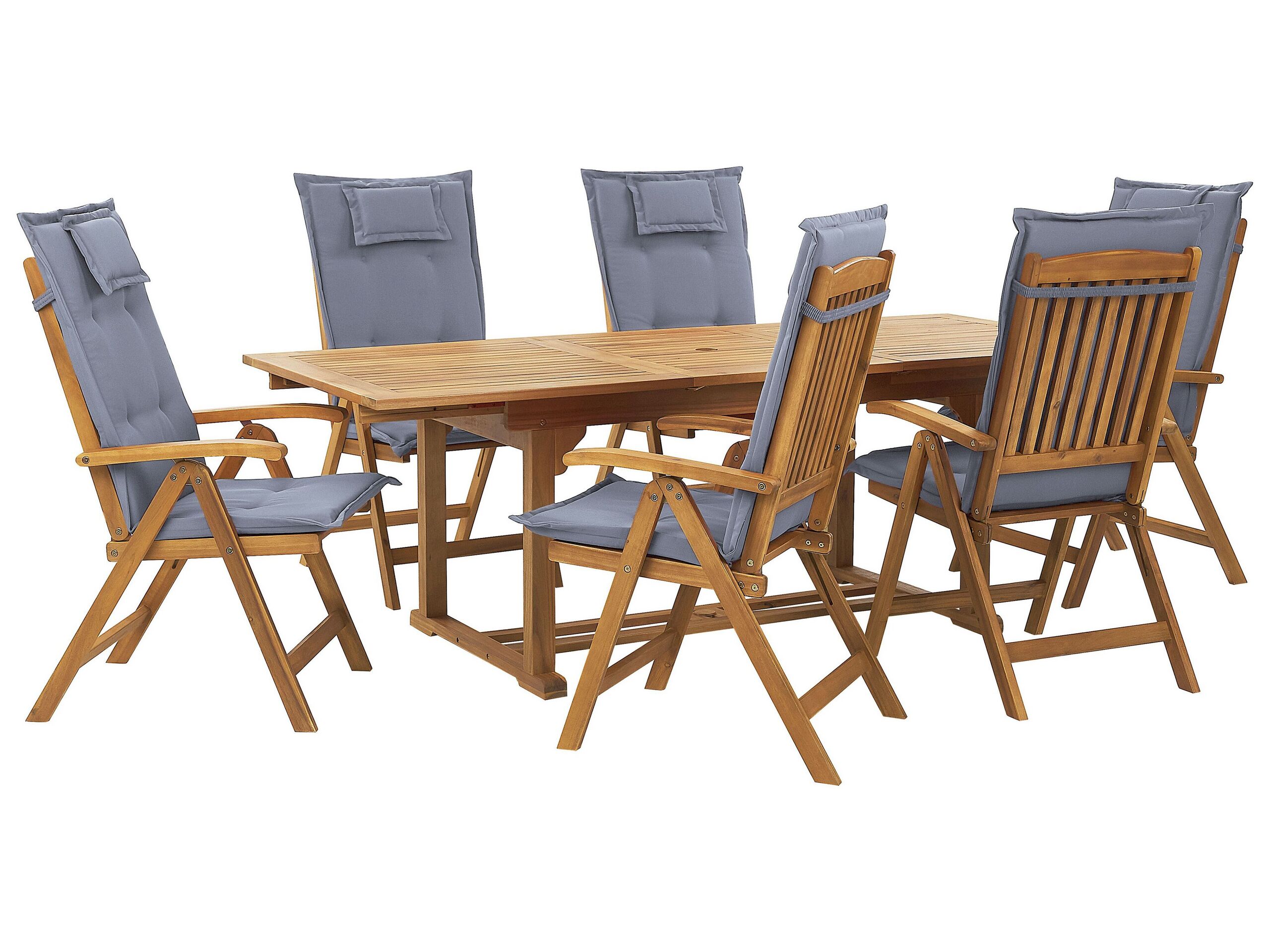 6 Seater Acacia Wood Garden Dining Set with Blue Cushions JAVA - Gemini Interiors