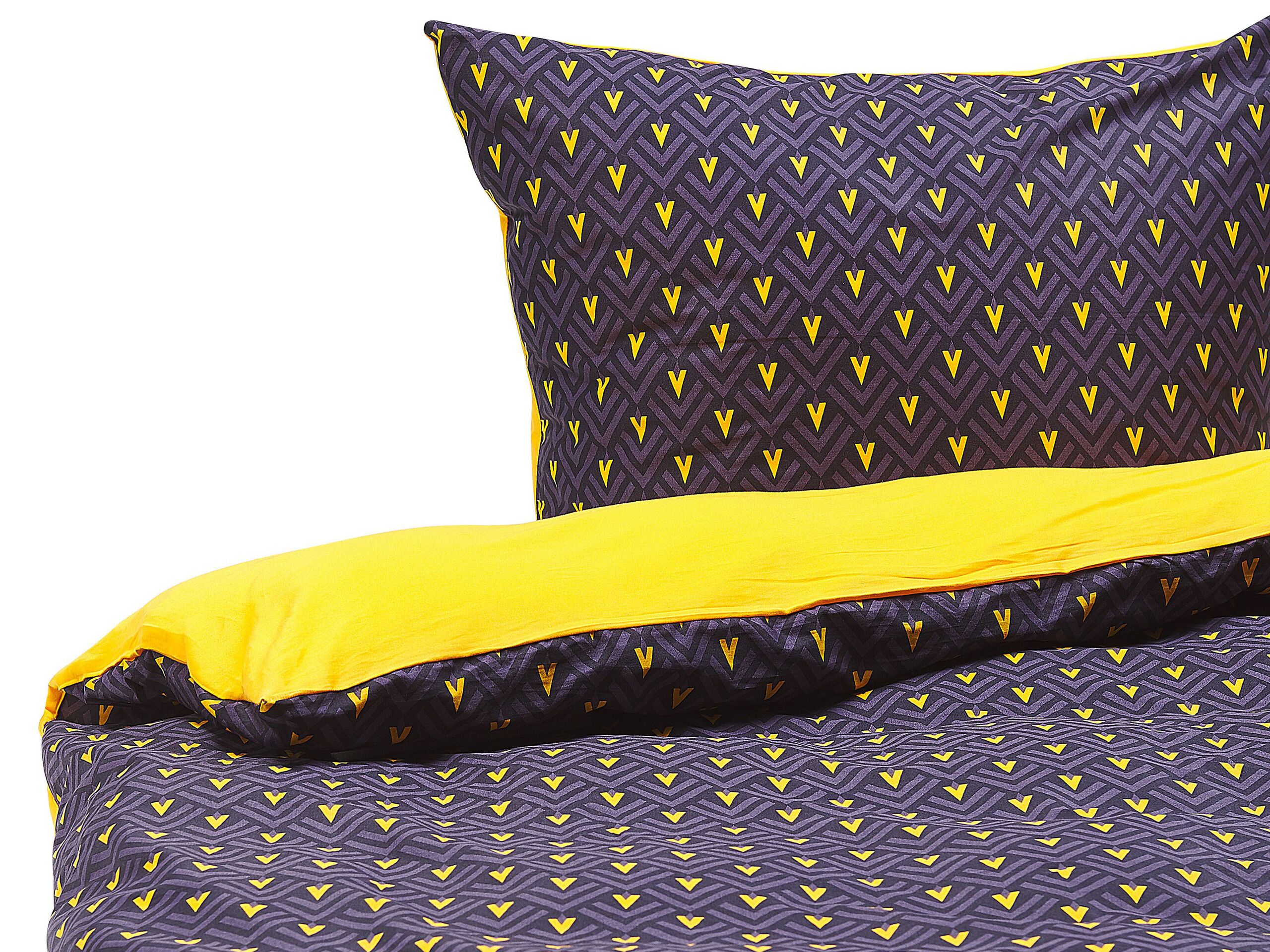Cotton Sateen Duvet Cover Set Chevron Pattern 155 x 220 cm Dark Blue and Yellow WALLINGFORD - Gemini Interiors