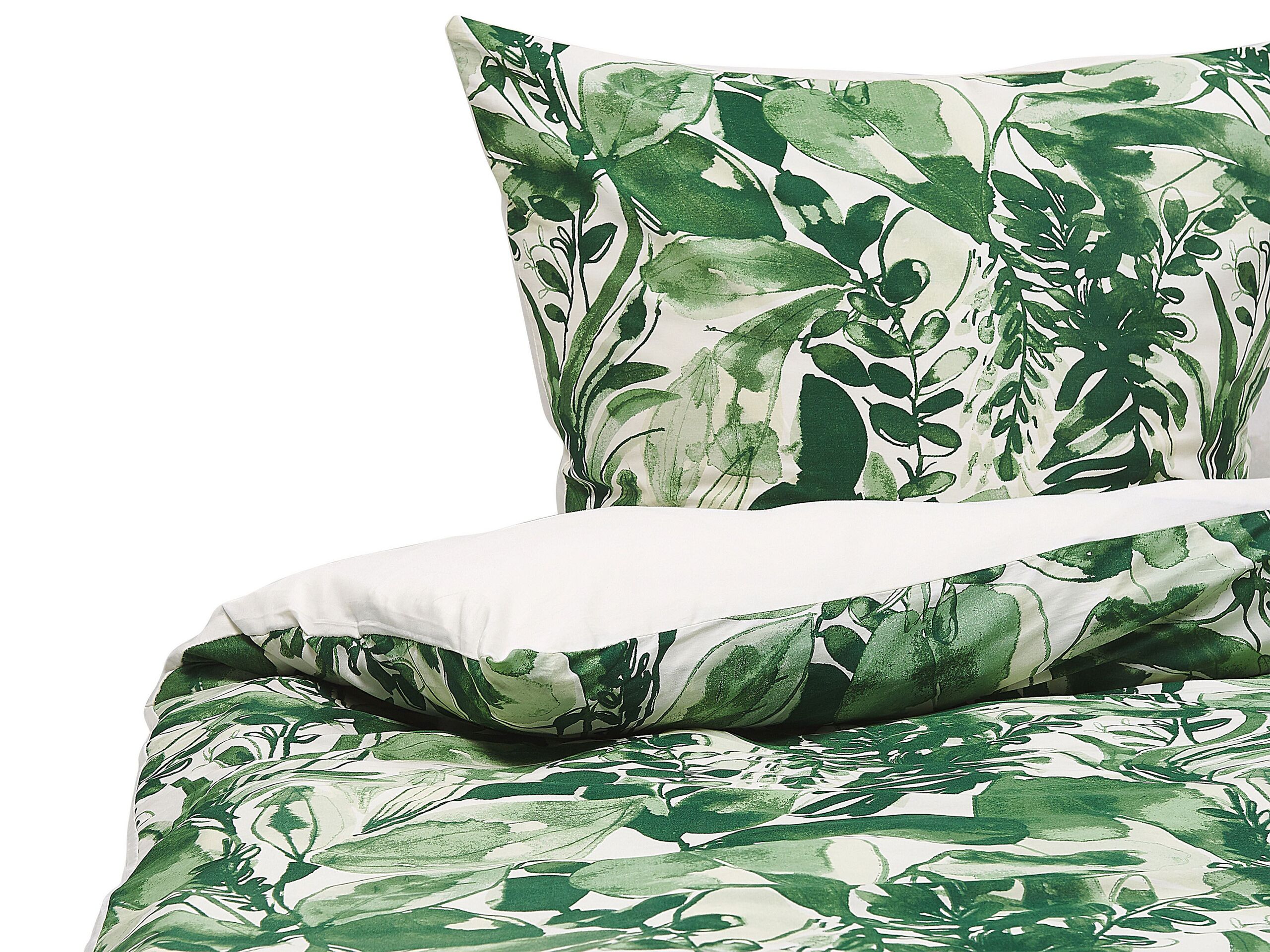 Cotton Sateen Duvet Cover Set Leaf Pattern 155 x 220 cm White and Green GREENWOOD - Gemini Interiors