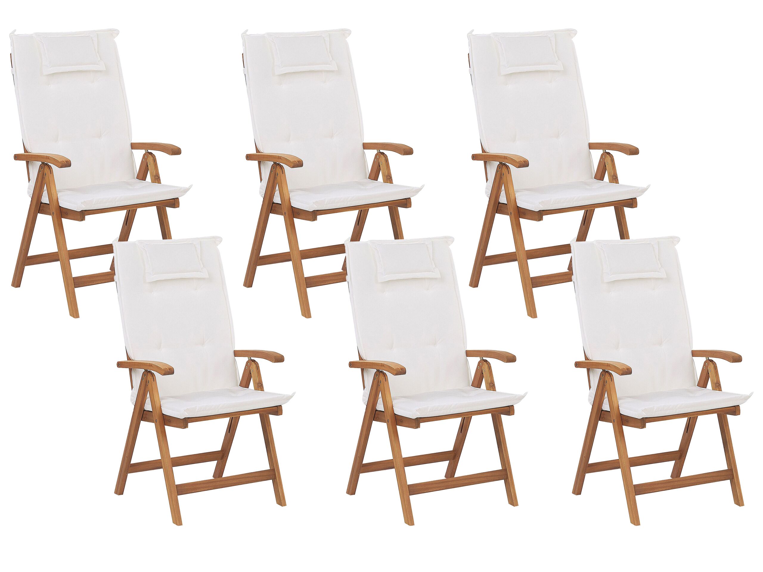 Set of 6 Acacia Wood Garden Folding Chairs with Off-White Cushions JAVA - Gemini Interiors