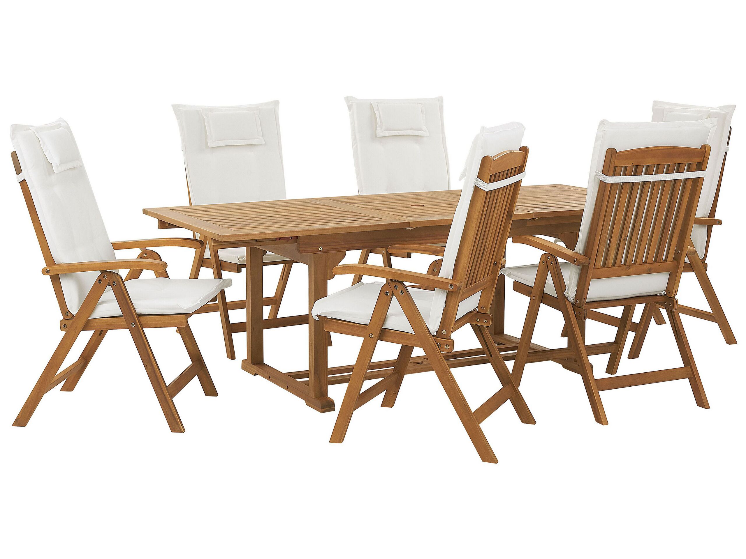6 Seater Acacia Wood Garden Dining Set with Off-White Cushions JAVA - Gemini Interiors
