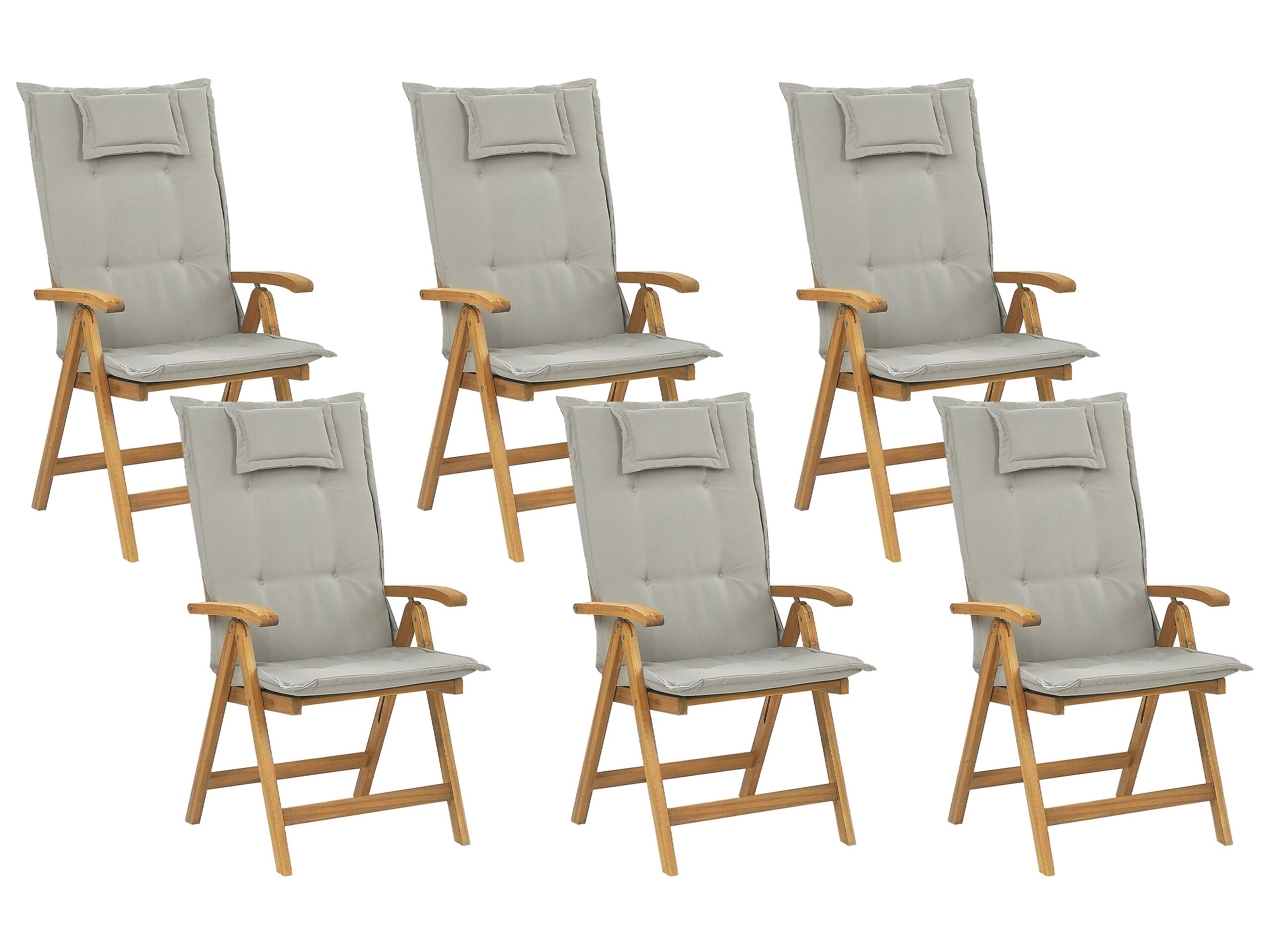 Set of 6 Acacia Wood Garden Folding Chairs with Taupe Cushions JAVA - Gemini Interiors