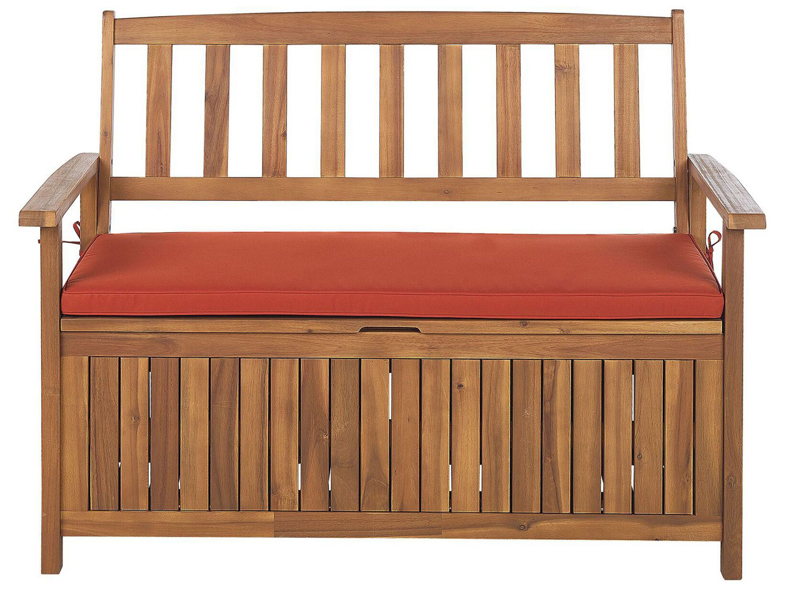 Acacia Wood Garden Bench with Storage 120 cm Light with Red Cushion SOVANA - Gemini Interiors