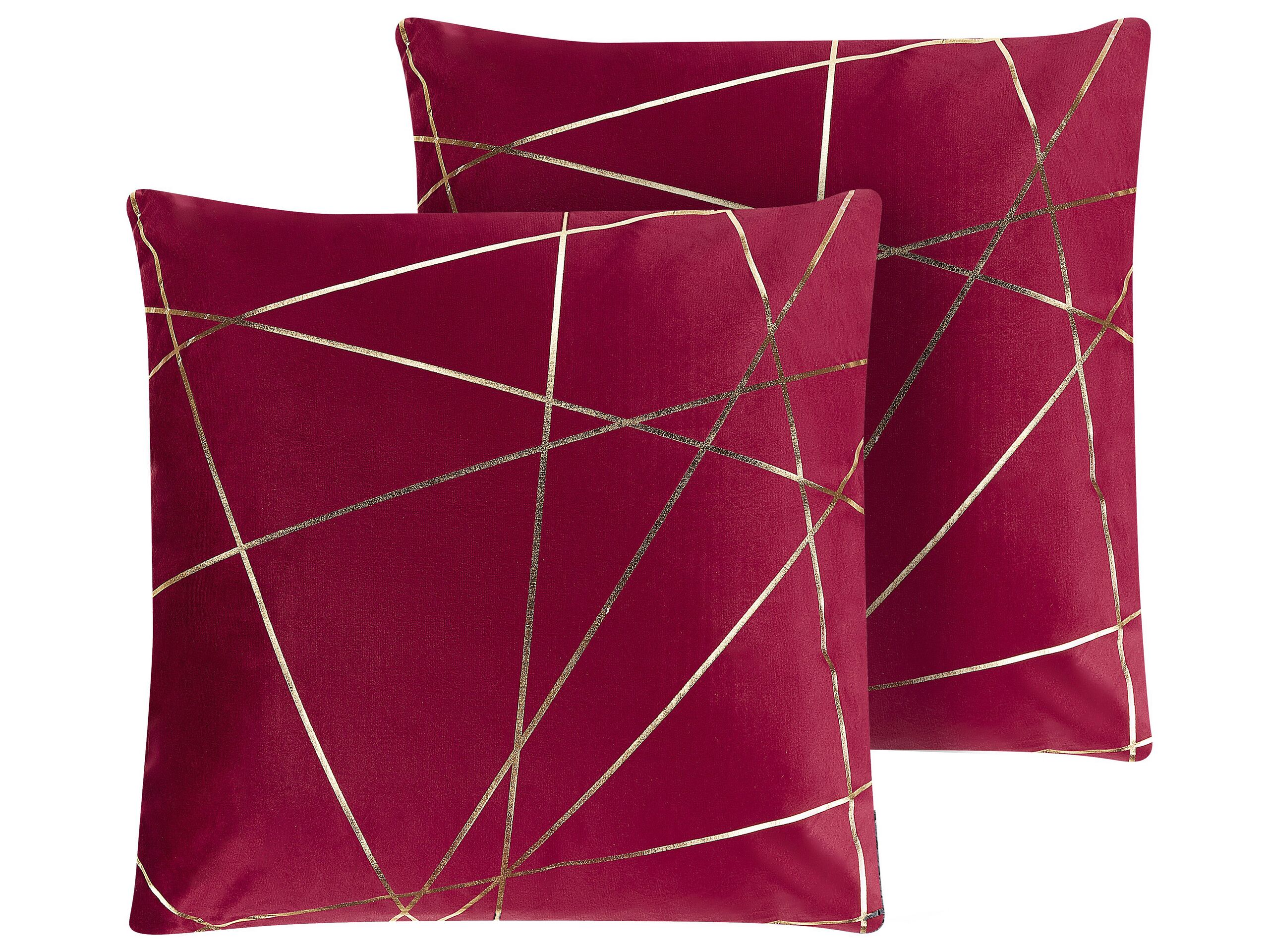 Set of 2 Velvet Cushions Geometric Pattern 45x45cm Red - Gemini Interiors