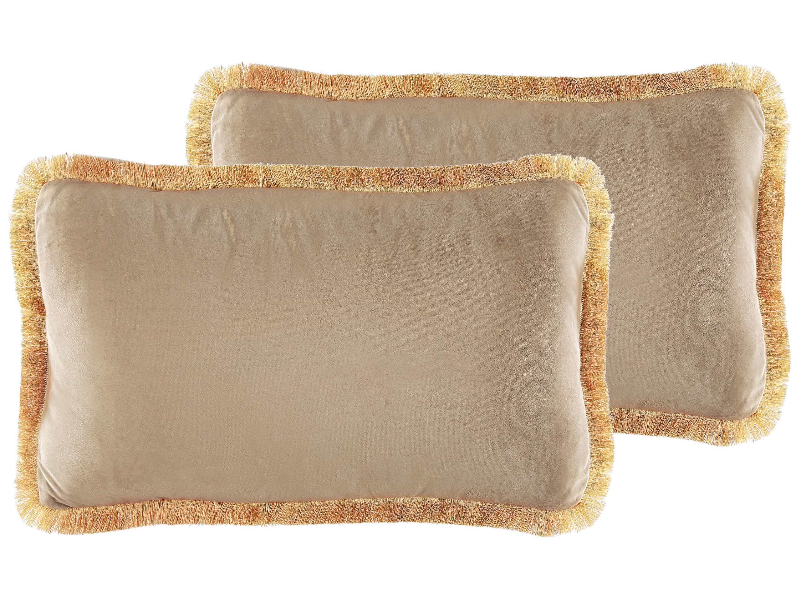 Set of 2 Fringed Velvet Cushions 30x50cm Beige - Gemini Interiors