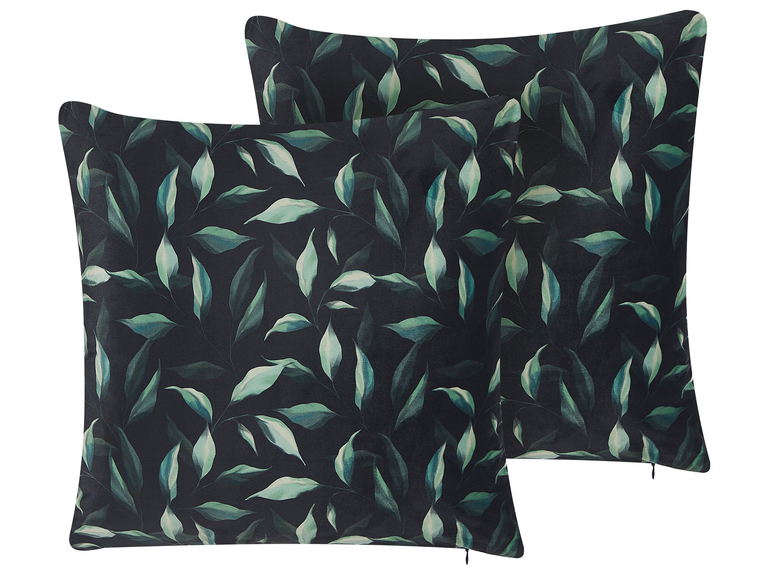Set of 2 Velvet Cushions Leaf Pattern 45x45cm Green and Black - Gemini Interiors