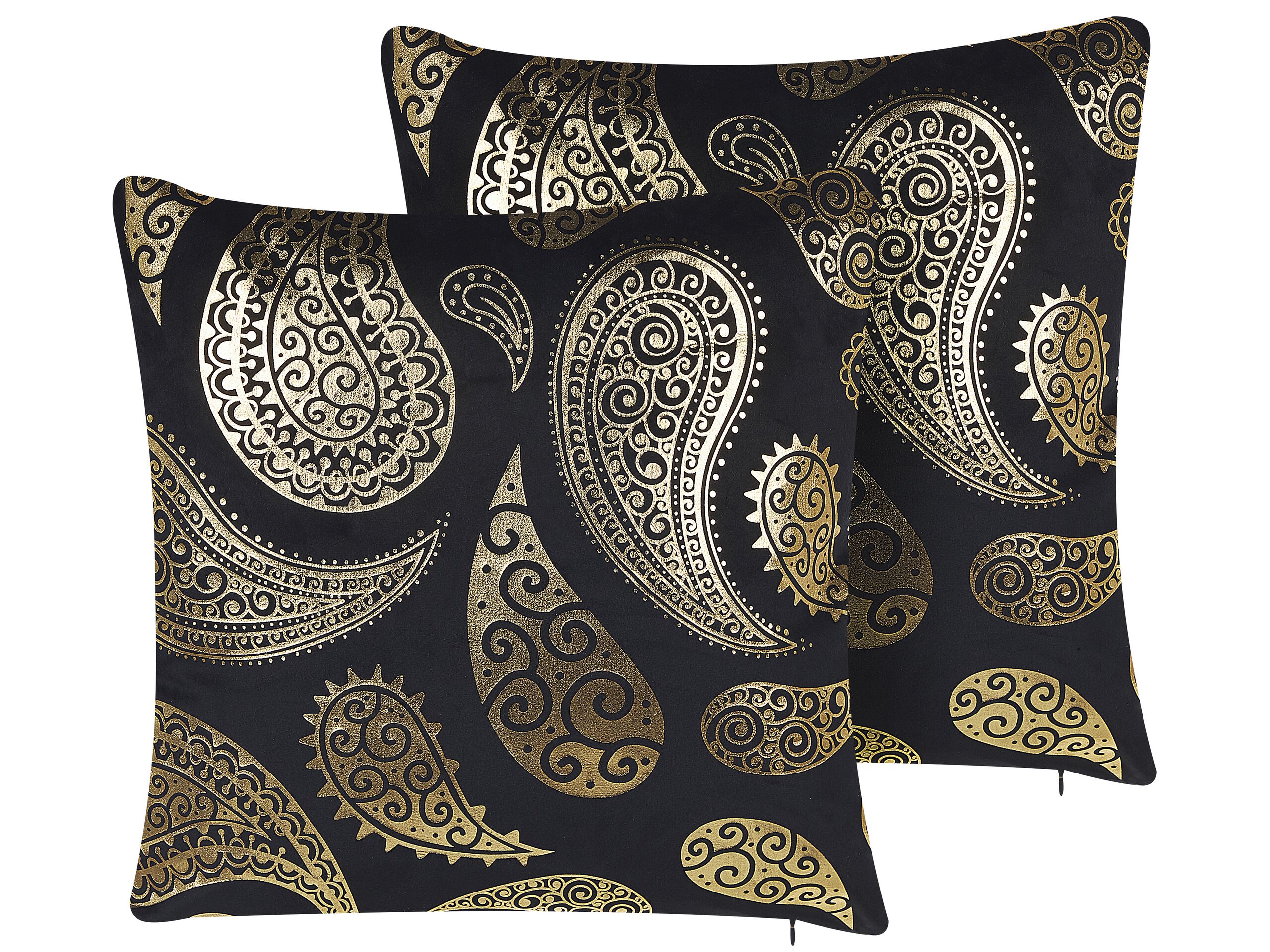 Set of 2 Velvet Cushions Paisley Pattern 45x45cm Gold and Black - Gemini Interiors
