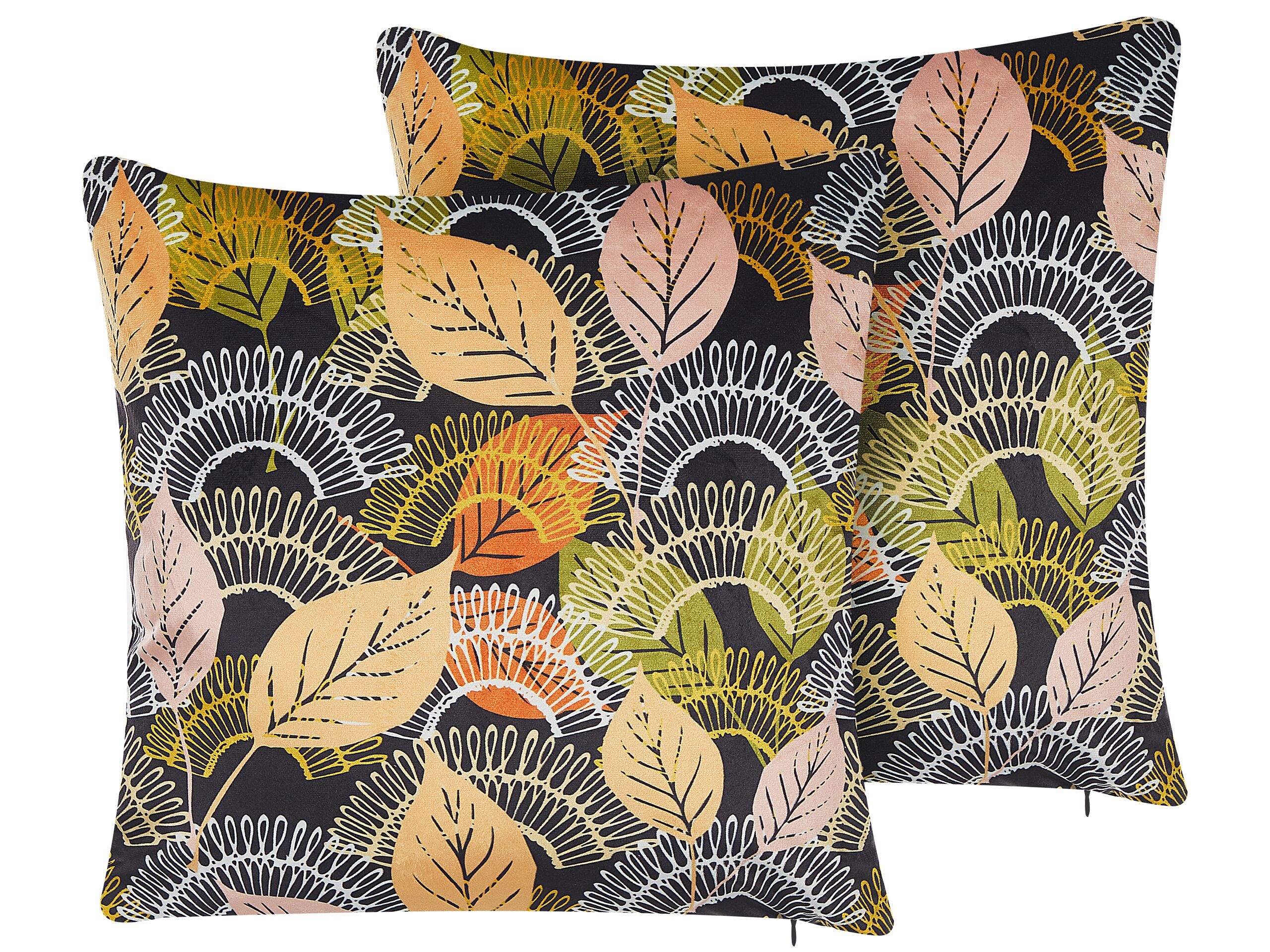 Set of 2 Velvet Cushions Leaf Pattern 45x45cm Multicolour - Gemini Interiors