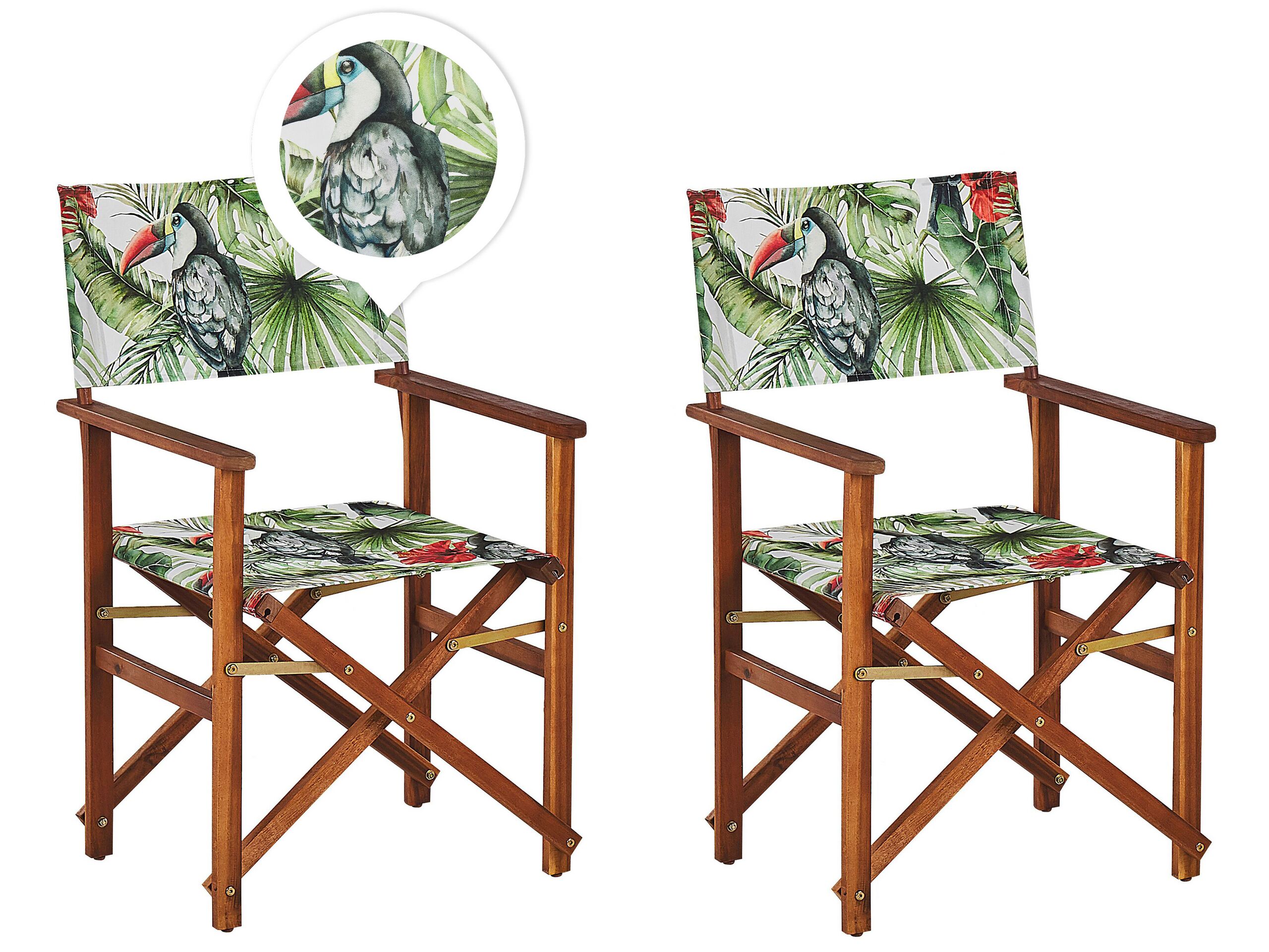 Set of 2 Acacia Folding Chairs and 2 Replacement Fabrics Dark Wood with Off-White / Toucan Pattern CINE - Gemini Interiors