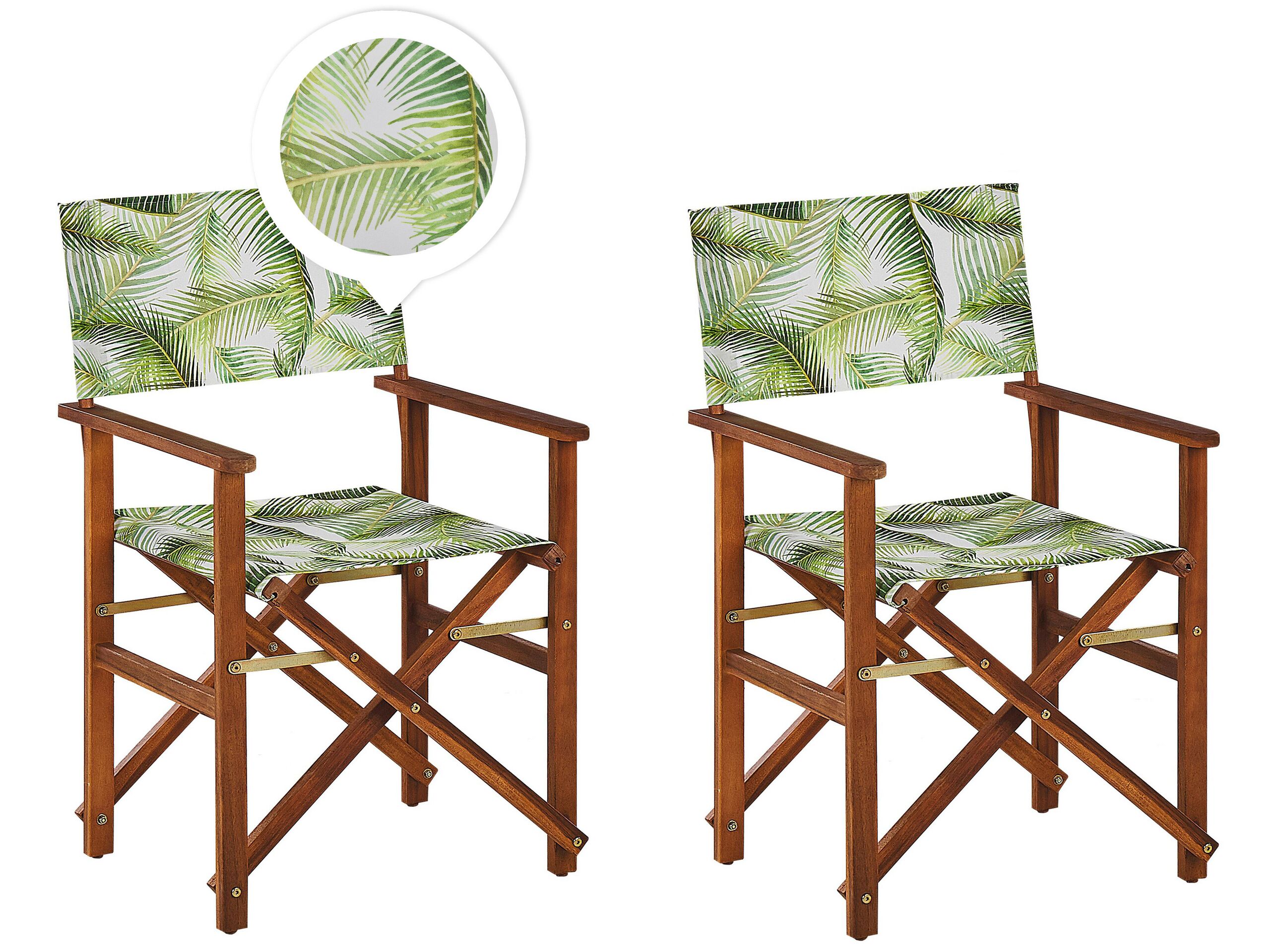 Set of 2 Acacia Folding Chairs and 2 Replacement Fabrics Dark Wood with Off-White / Tropical Leaves Pattern CINE - Gemini Interiors