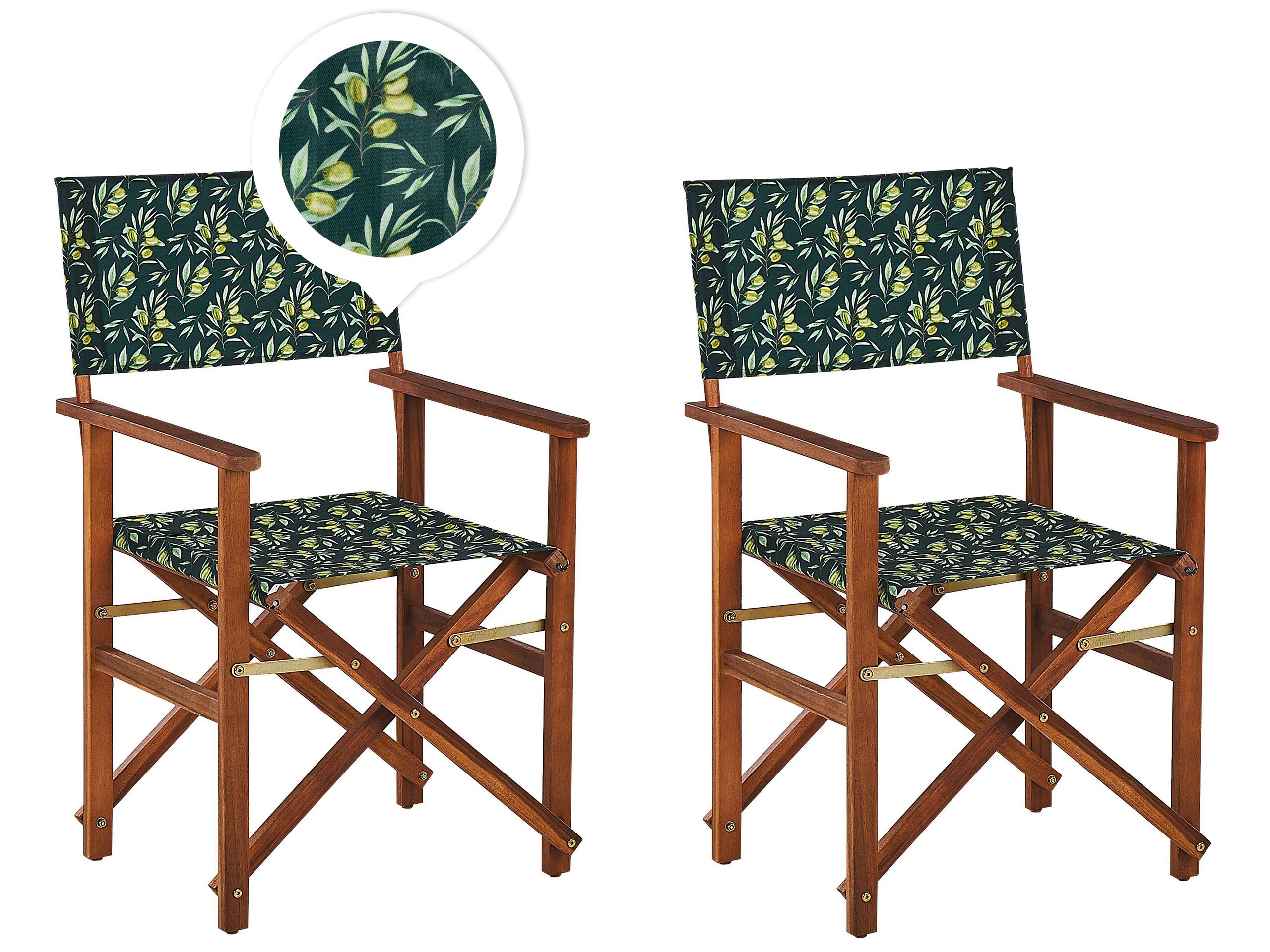 Set of 2 Acacia Folding Chairs and 2 Replacement Fabrics Dark Wood with Off-White / Olives Pattern CINE - Gemini Interiors
